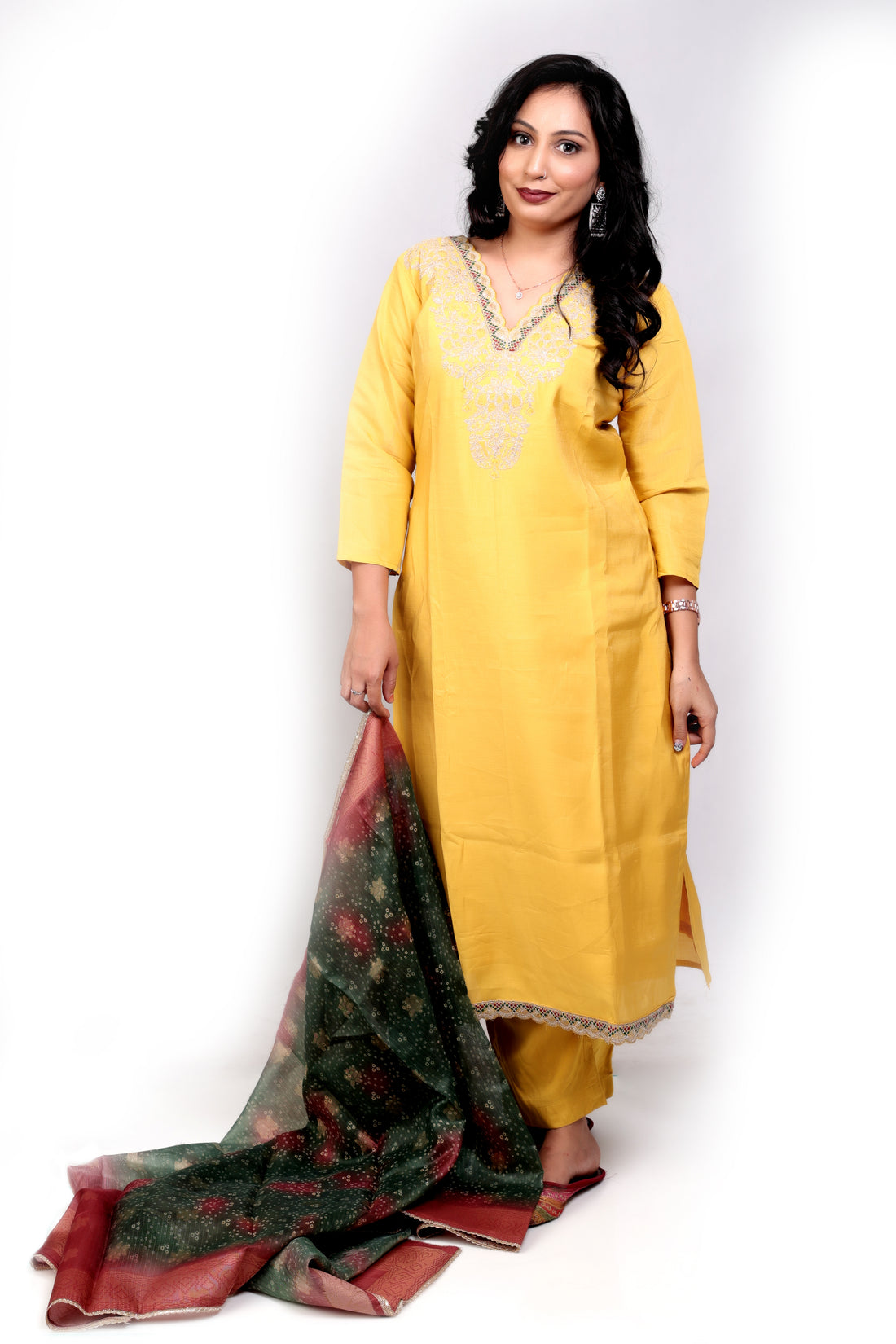 Embroidered Modal Silk Salwar Set - Yellow