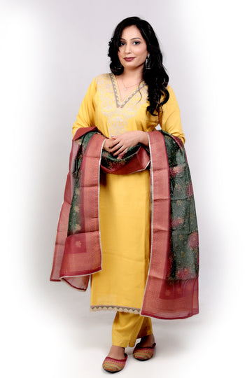 Embroidered Modal Silk Salwar Set - Yellow