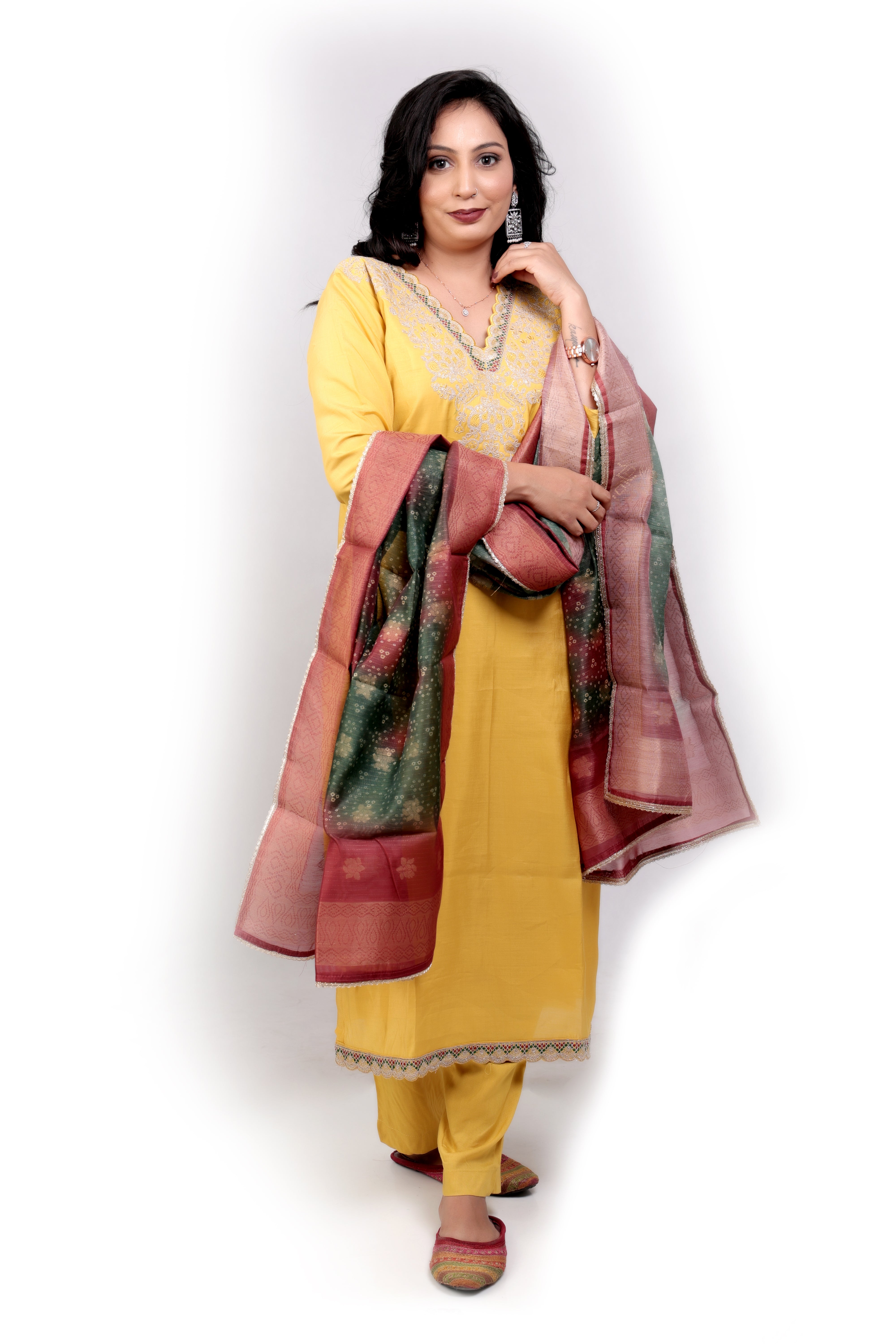 Embroidered Modal Silk Salwar Set - Yellow