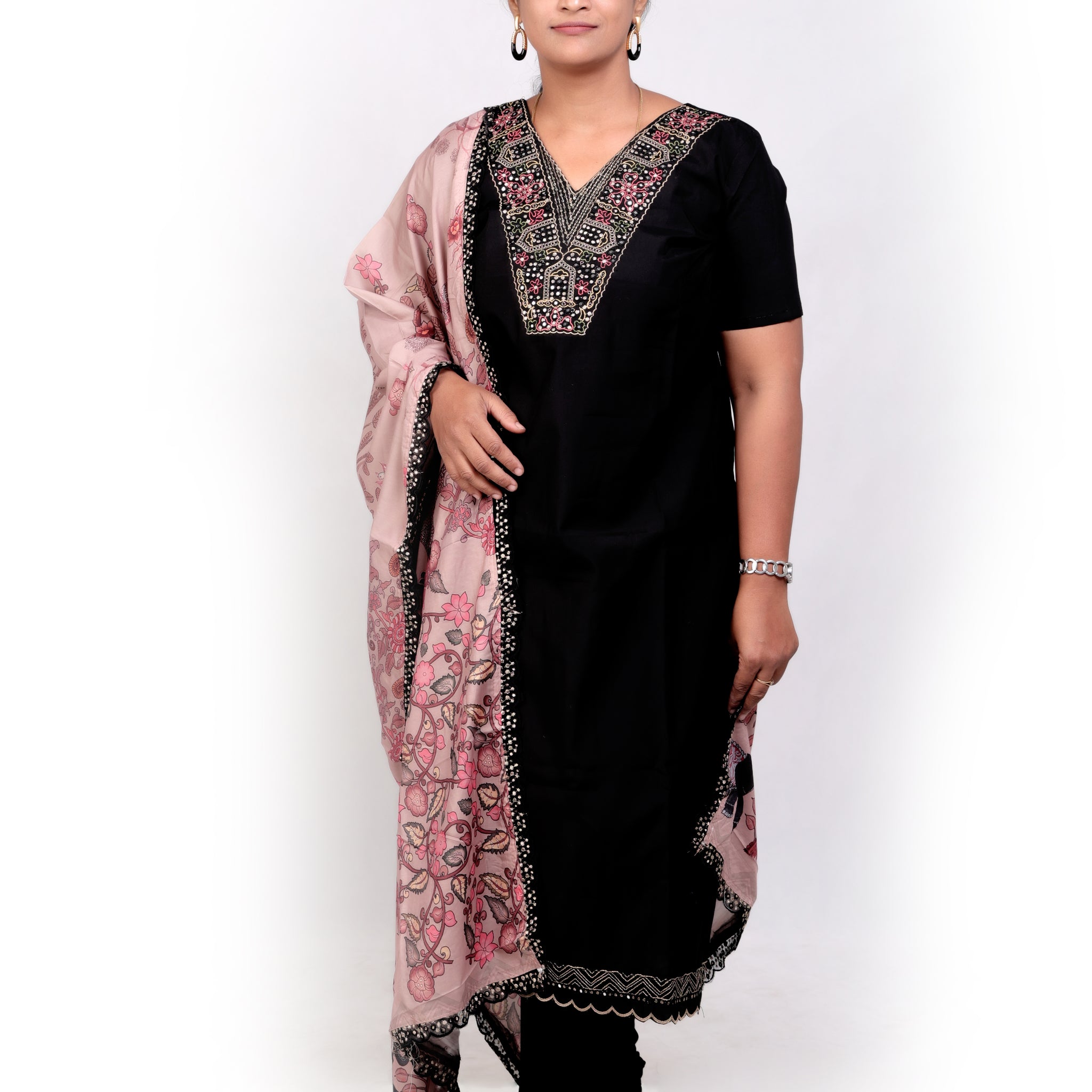 Roman Silk Salwar Set with Kalamkari Dupatta - Black