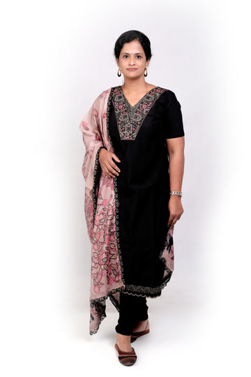 Roman Silk Salwar Set with Kalamkari Dupatta - Black