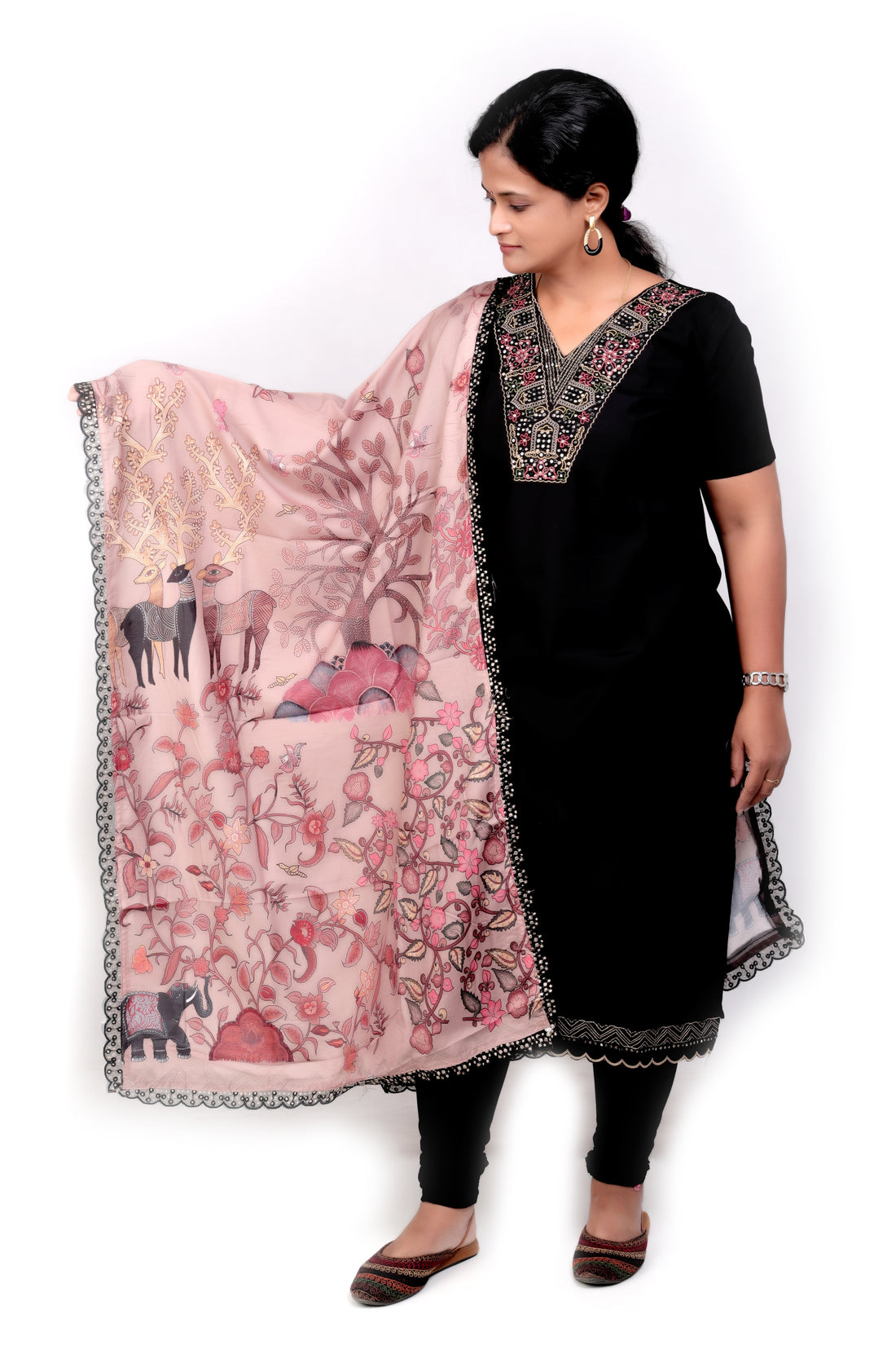Roman Silk Salwar Set with Kalamkari Dupatta - Black