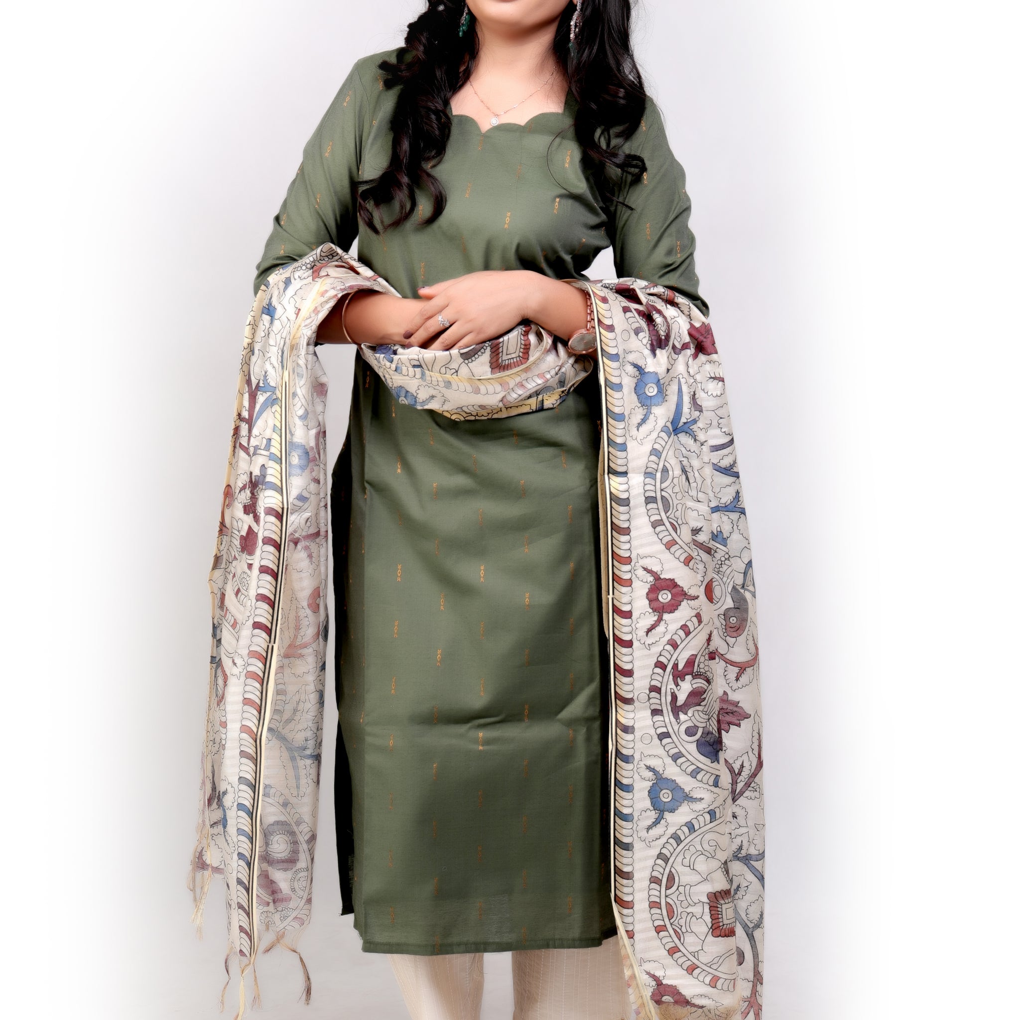 Cotton Silk with Kalamkari Dupatta - Olive Green