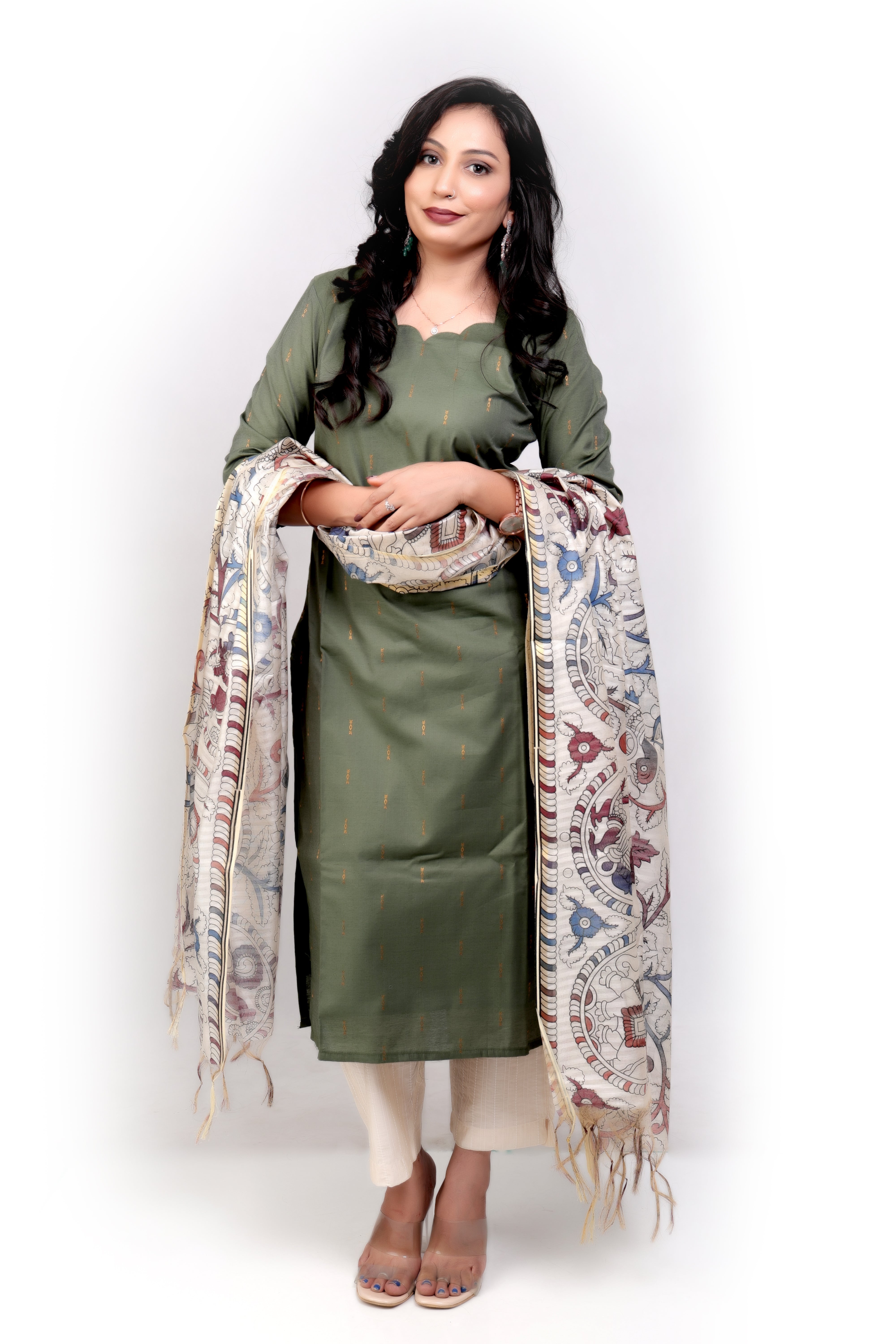 Cotton Silk with Kalamkari Dupatta - Olive Green