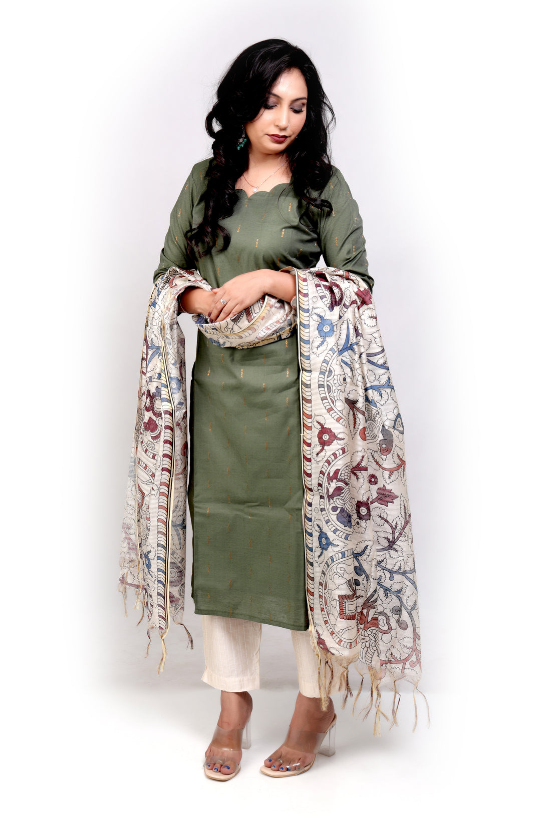 Cotton Silk with Kalamkari Dupatta - Olive Green