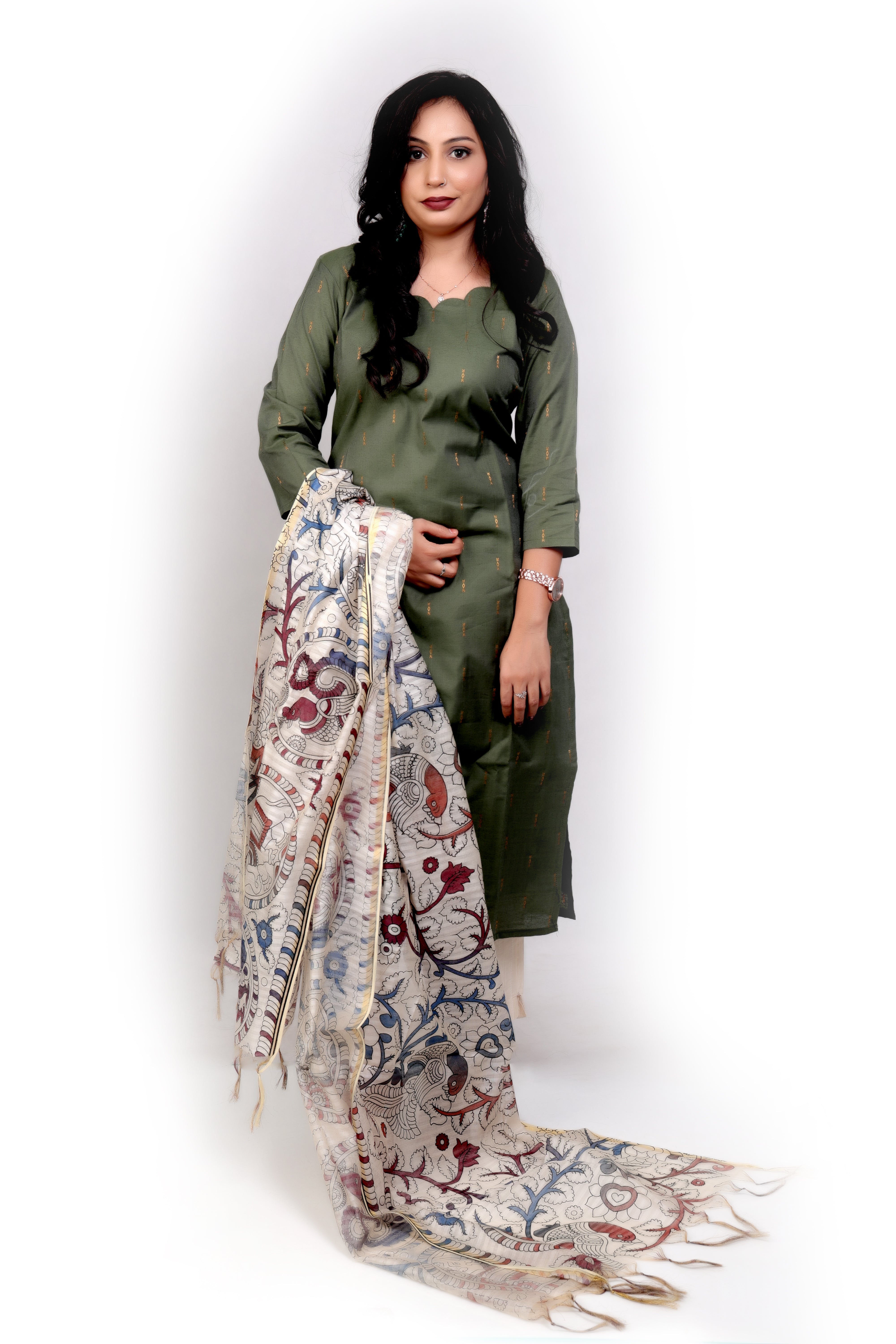 Cotton Silk with Kalamkari Dupatta - Olive Green