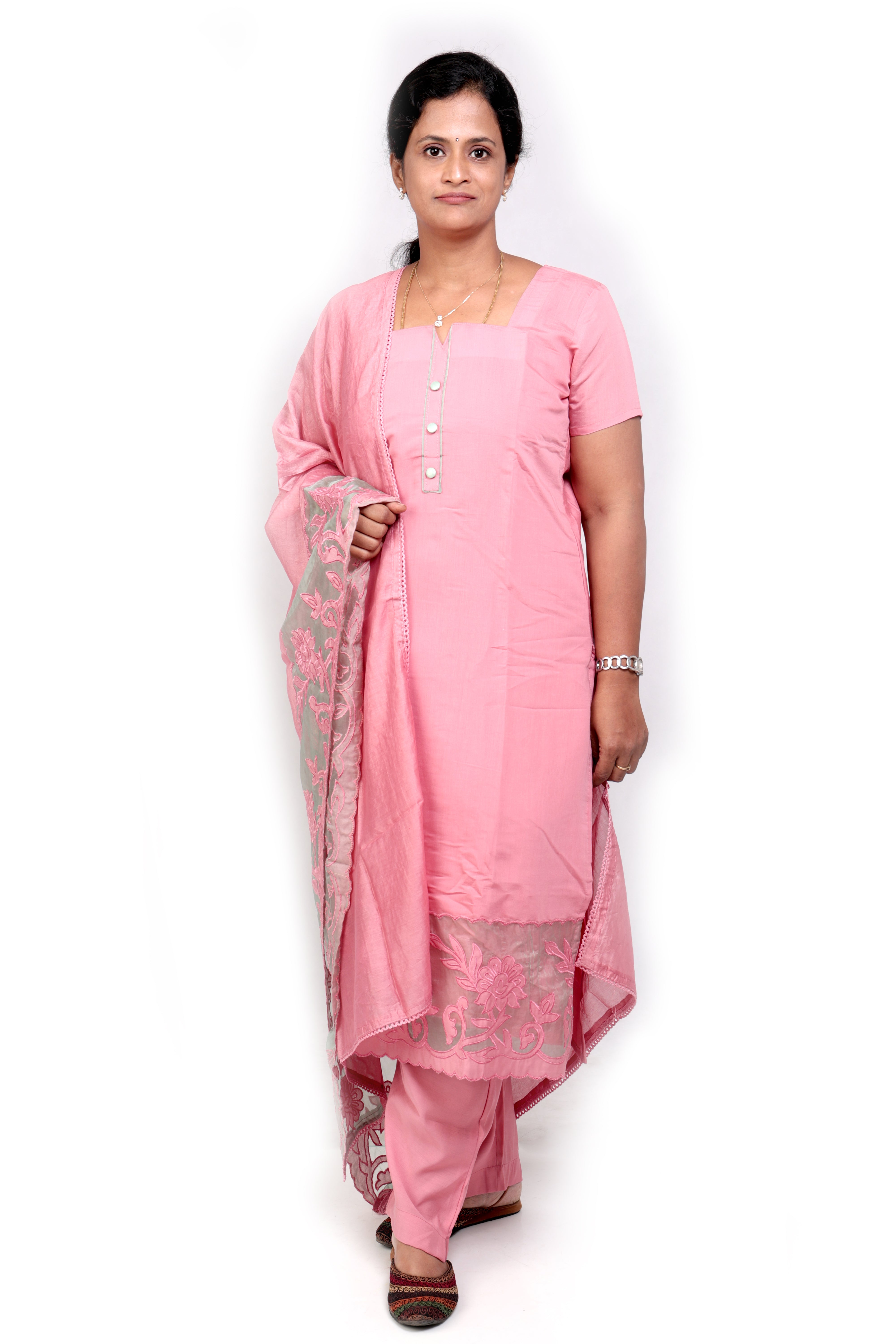 Modal Silk Salwar Set with Patchwork - Pinkish Peach