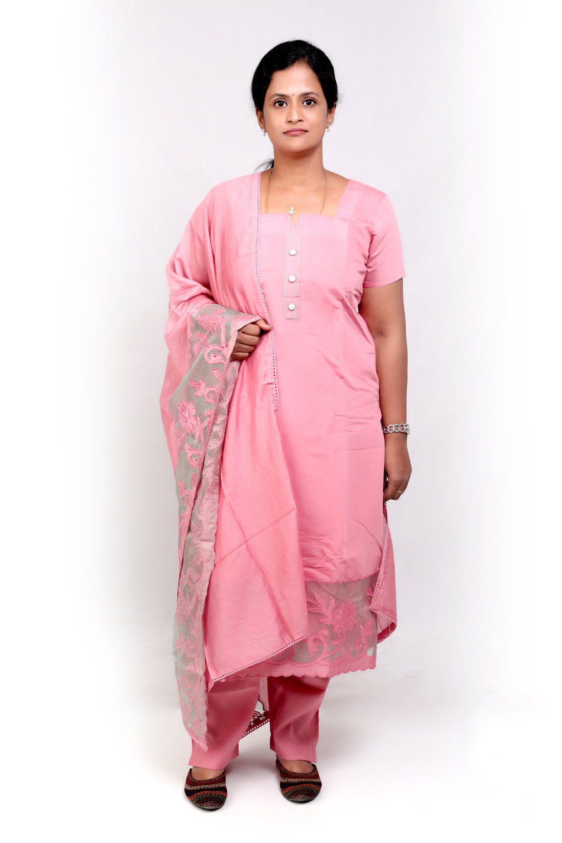 Modal Silk Salwar Set with Patchwork - Pinkish Peach