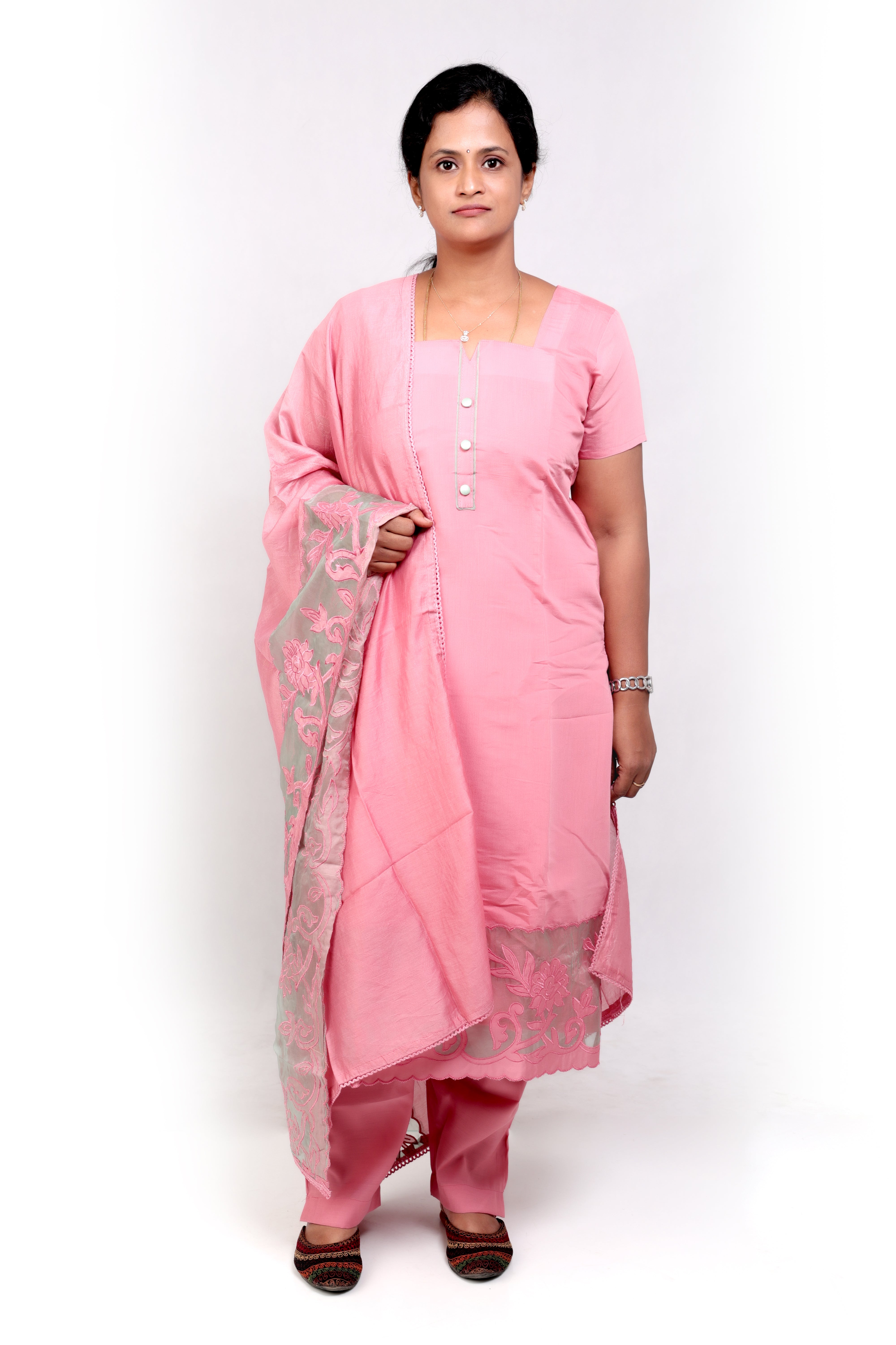 Modal Silk Salwar Set with Patchwork - Pinkish Peach