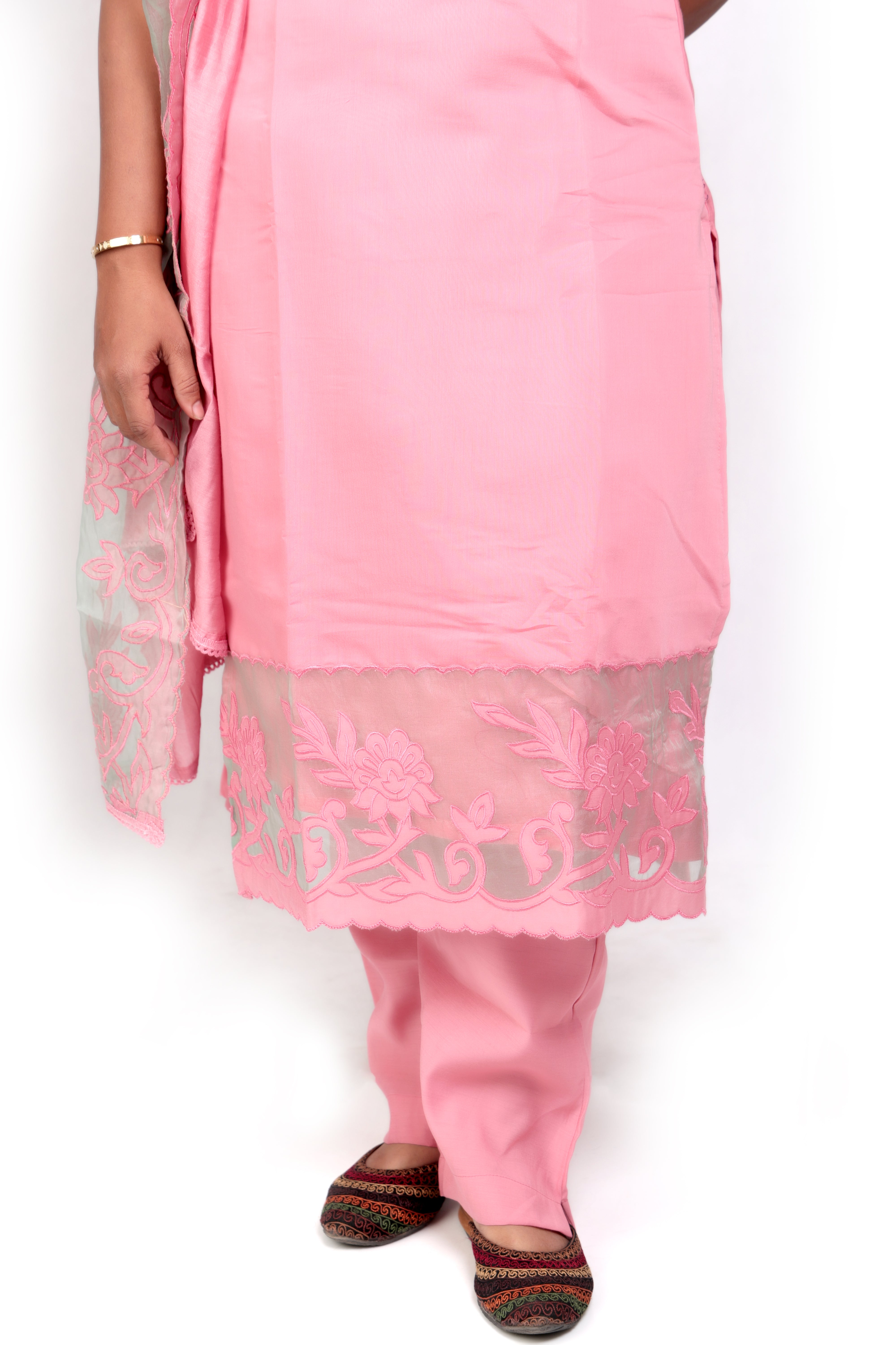 Modal Silk Salwar Set with Patchwork - Pinkish Peach