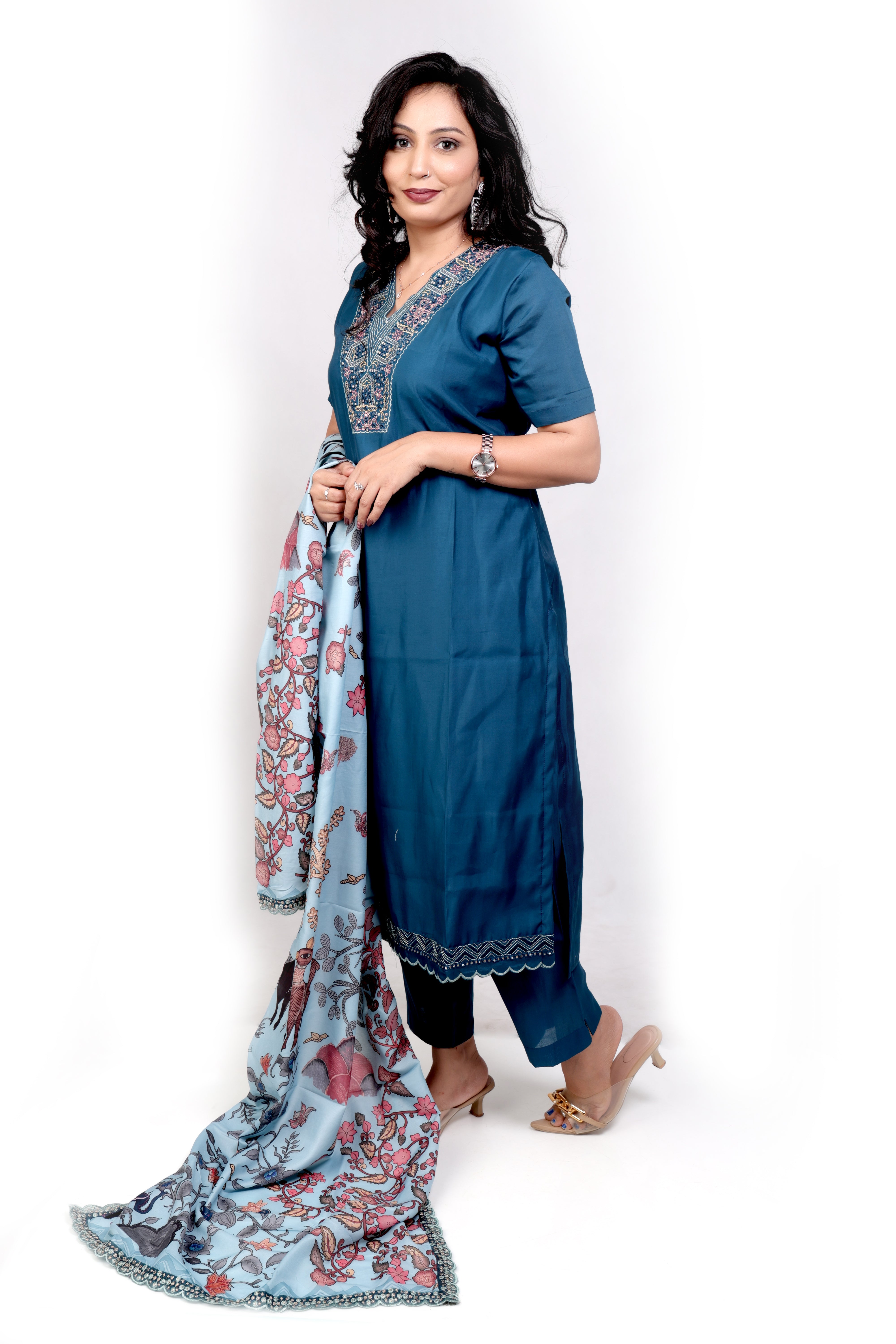 Roman Silk Salwar Set with Kalamkari Dupatta -Peacock Blue
