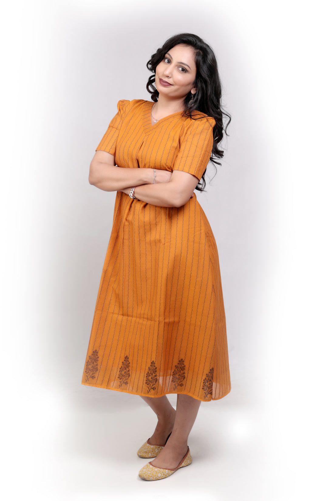 Handloom Cotton Striped A-line Midi Dress - Mustard Yellow