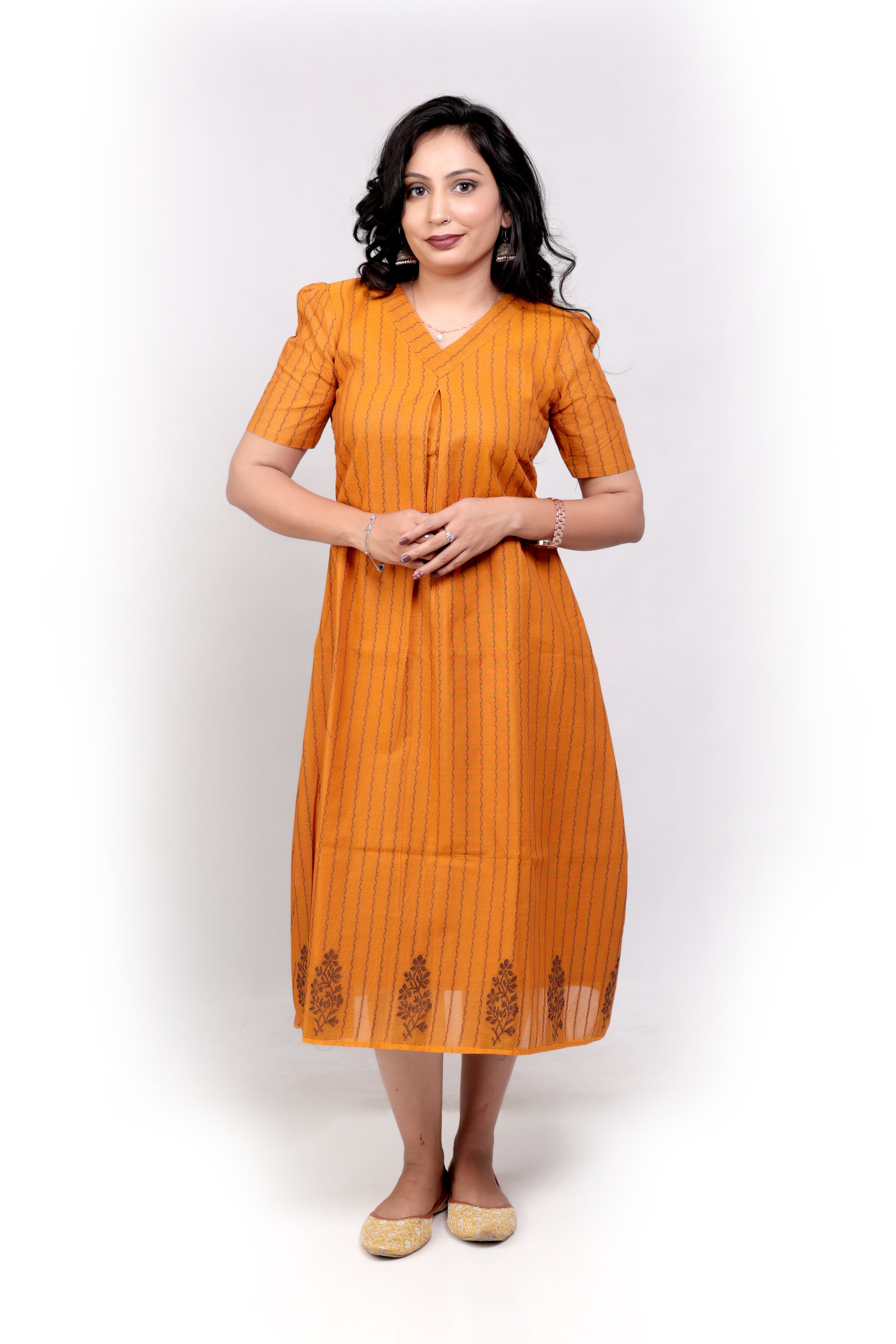 Handloom Cotton Striped A-line Midi Dress - Mustard Yellow