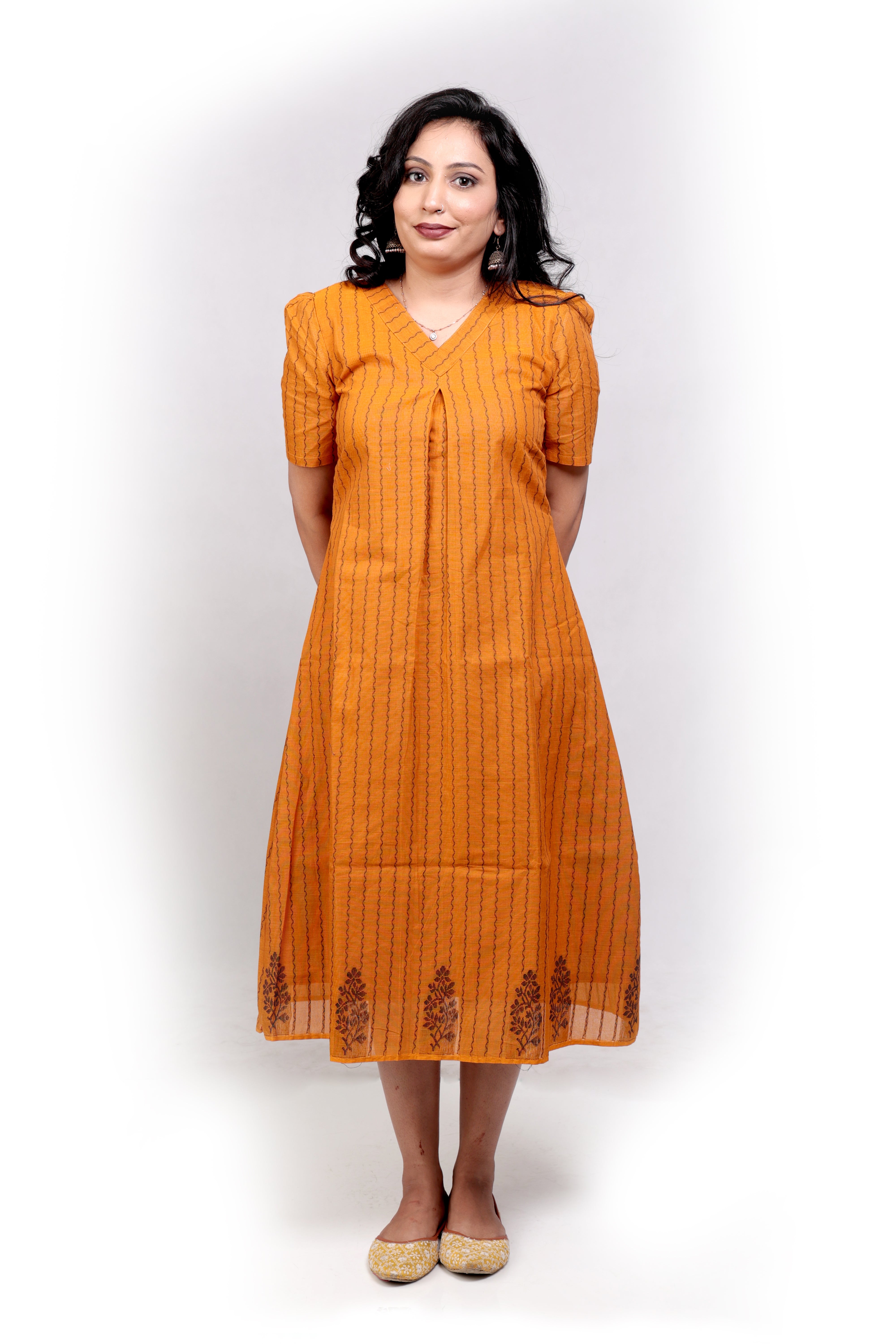 Handloom Cotton Striped A-line Midi Dress - Mustard Yellow