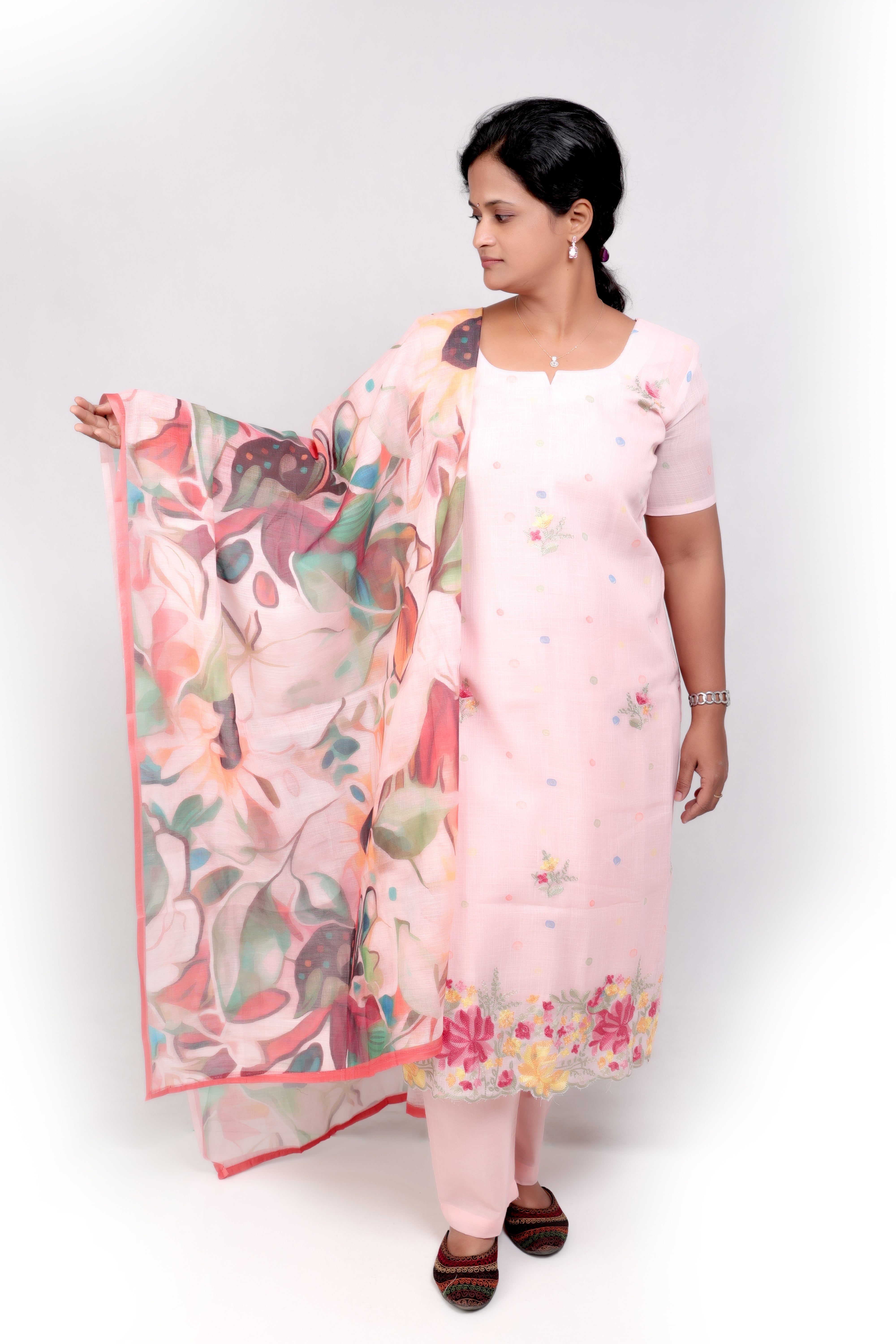 Linen Cotton Embroidered Salwar Set -Baby Pink