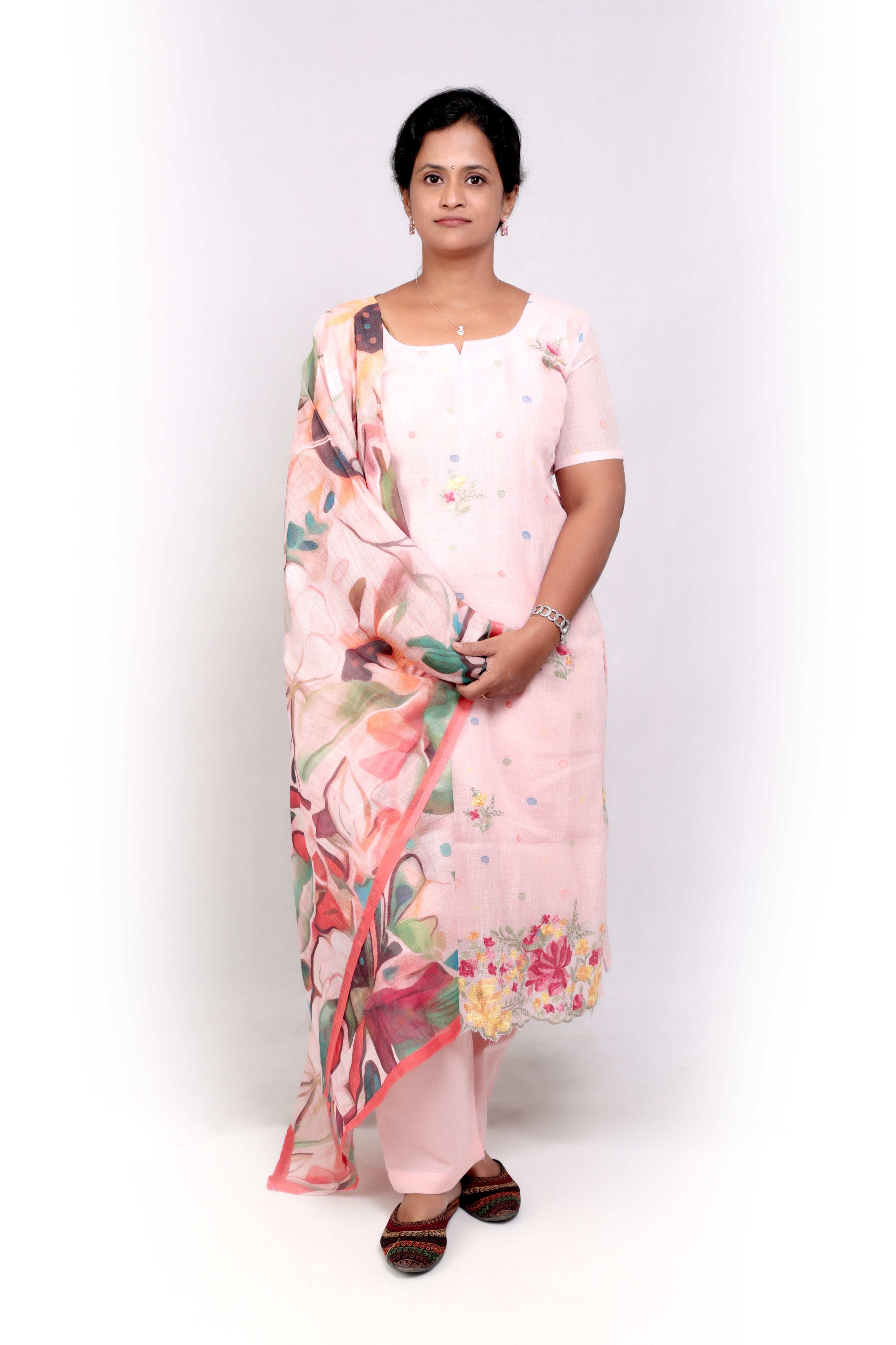 Linen Cotton Embroidered Salwar Set -Baby Pink