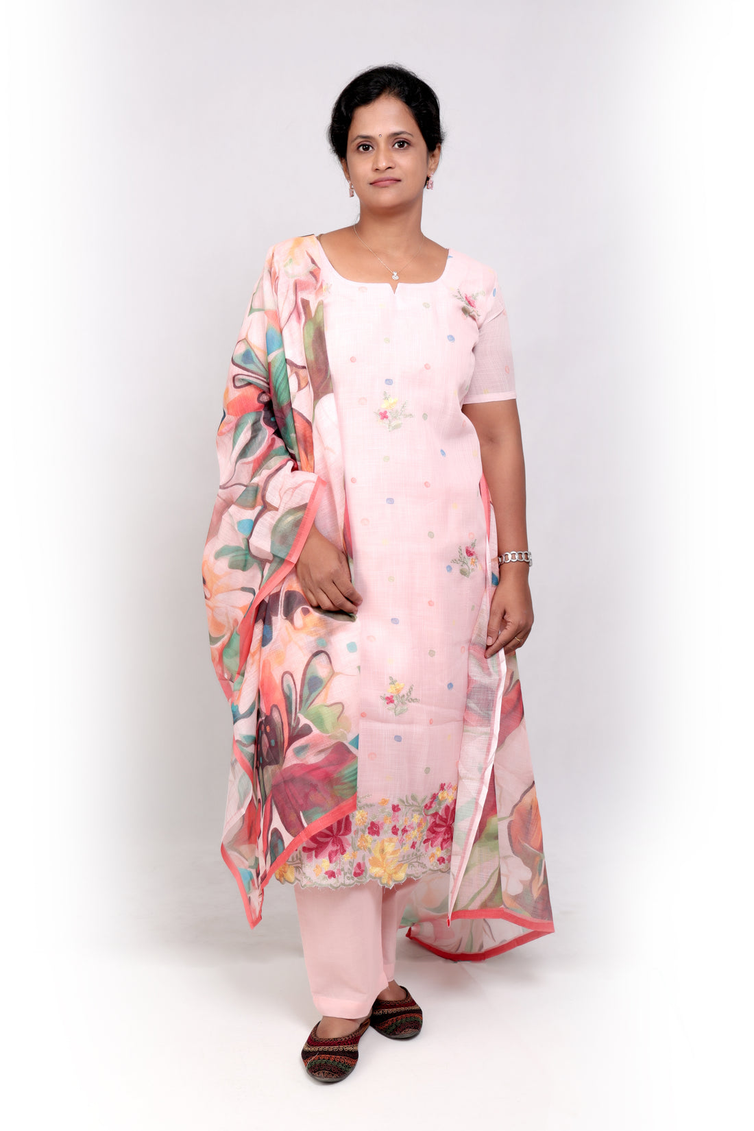 Linen Cotton Embroidered Salwar Set -Baby Pink