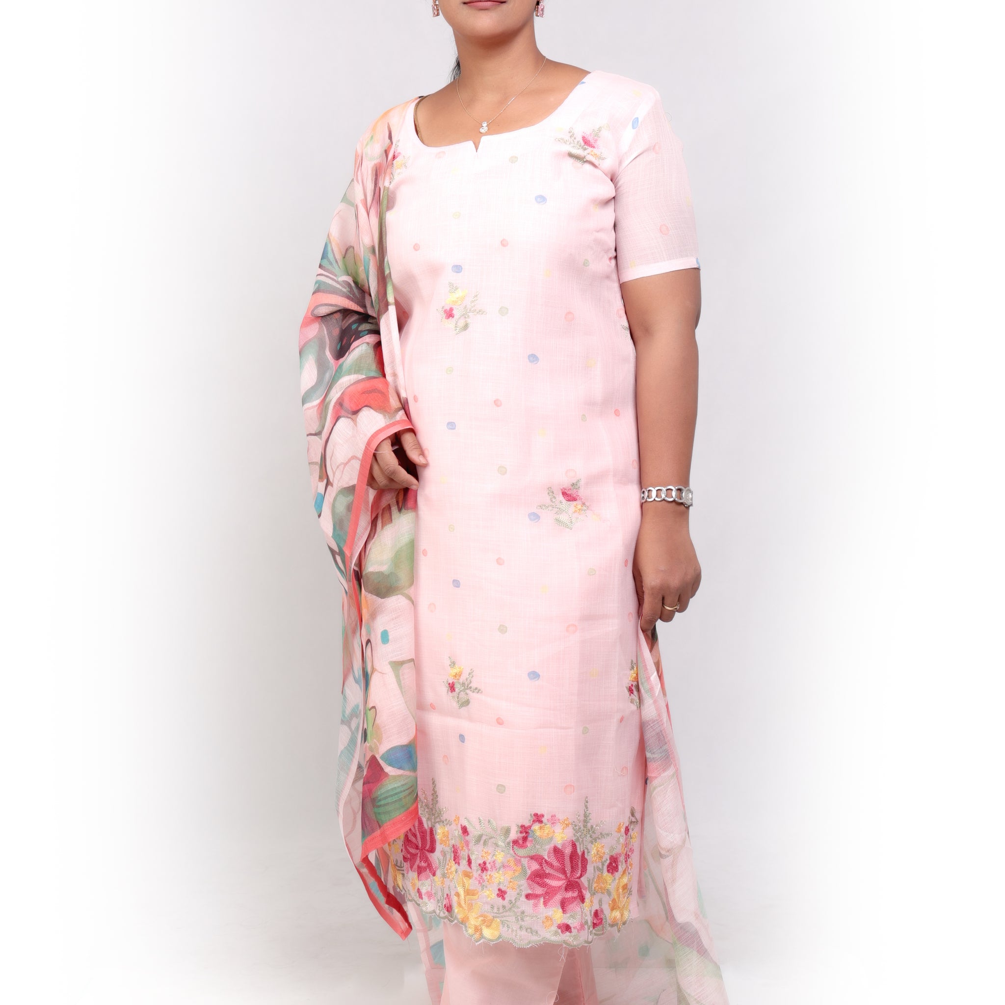 Linen Cotton Embroidered Salwar Set -Baby Pink