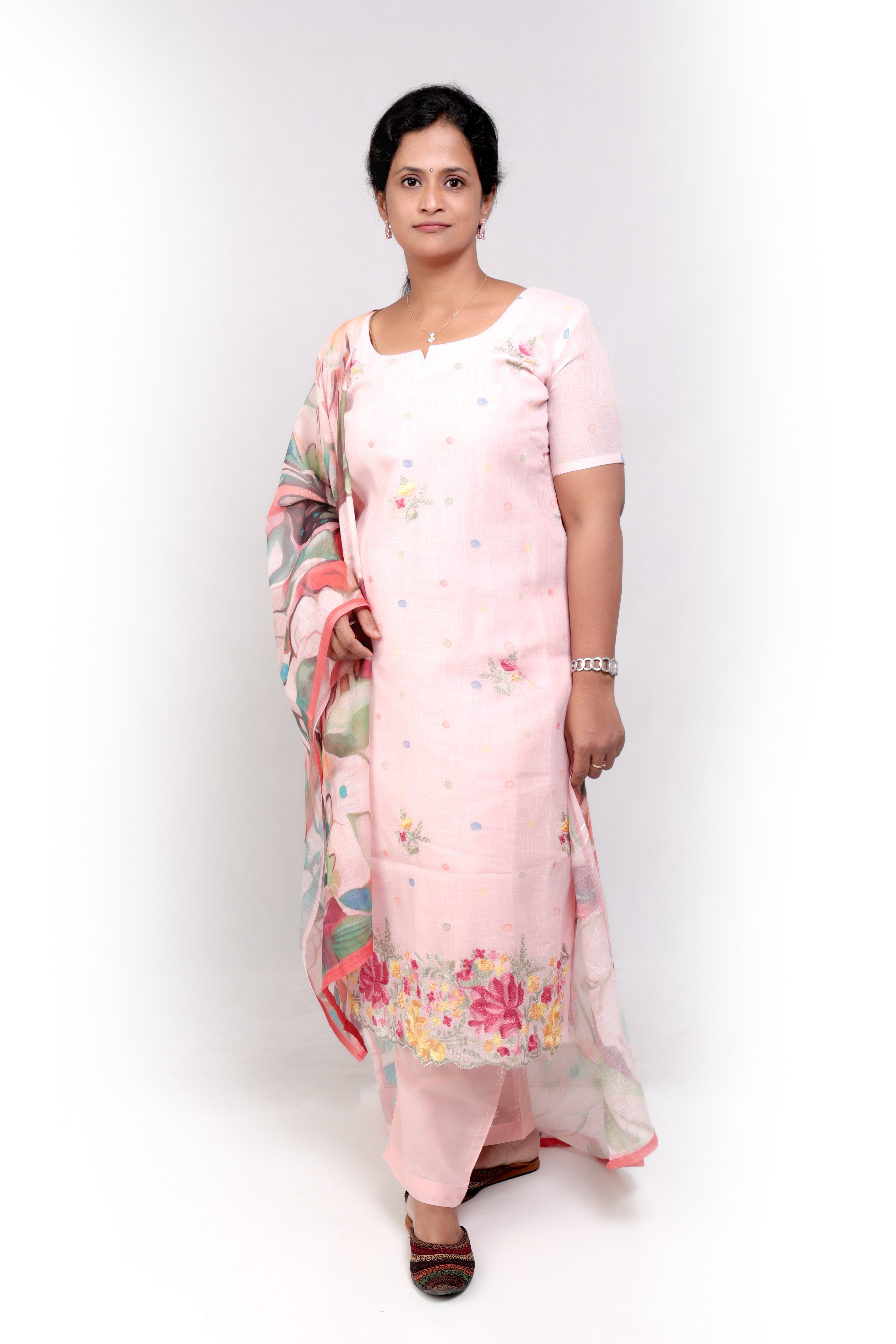 Linen Cotton Embroidered Salwar Set -Baby Pink