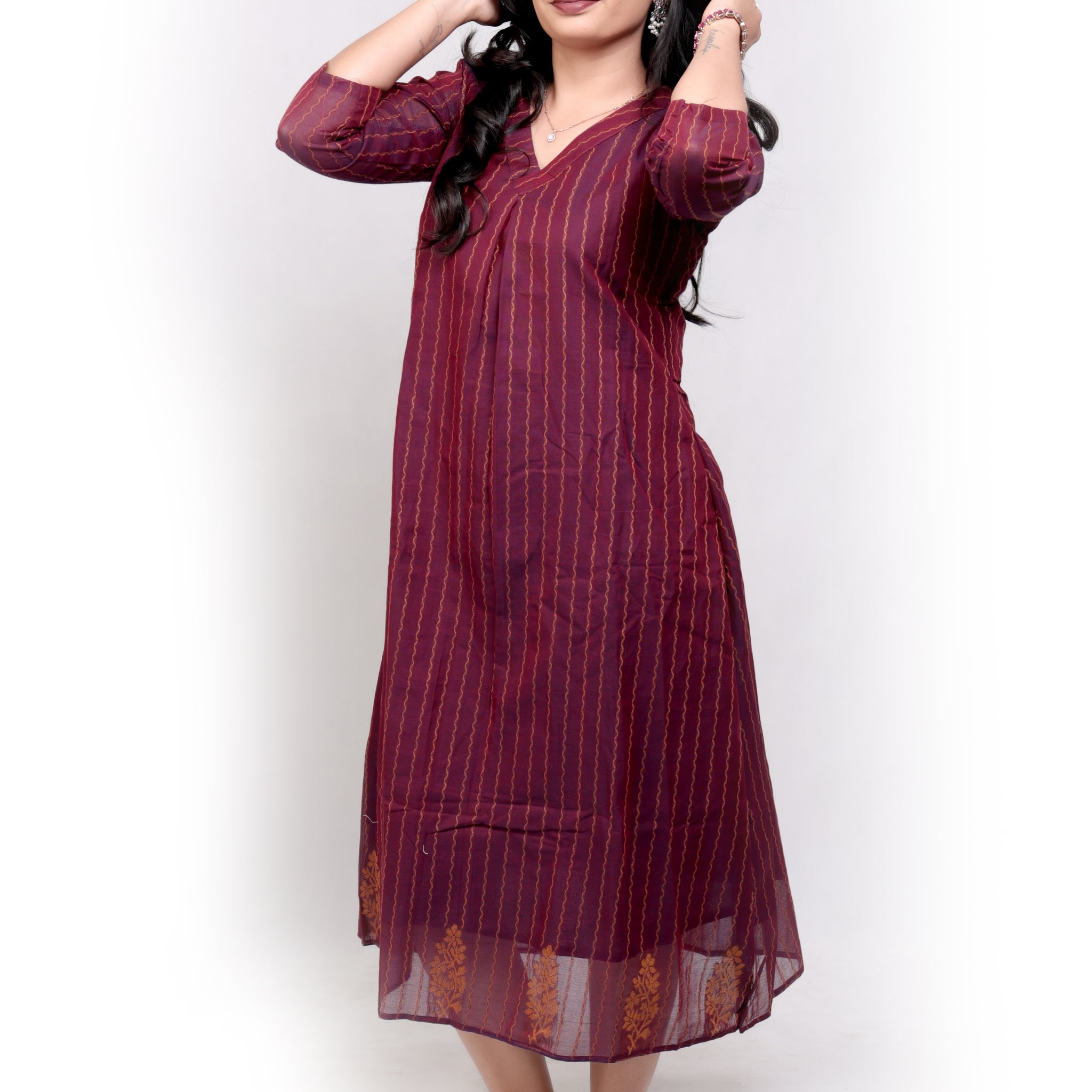 Handloom Striped Cotton A-line Midi Dress - Maroon
