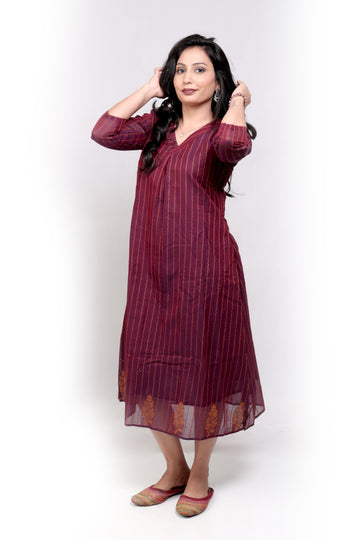 Handloom Striped Cotton A-line Midi Dress - Maroon