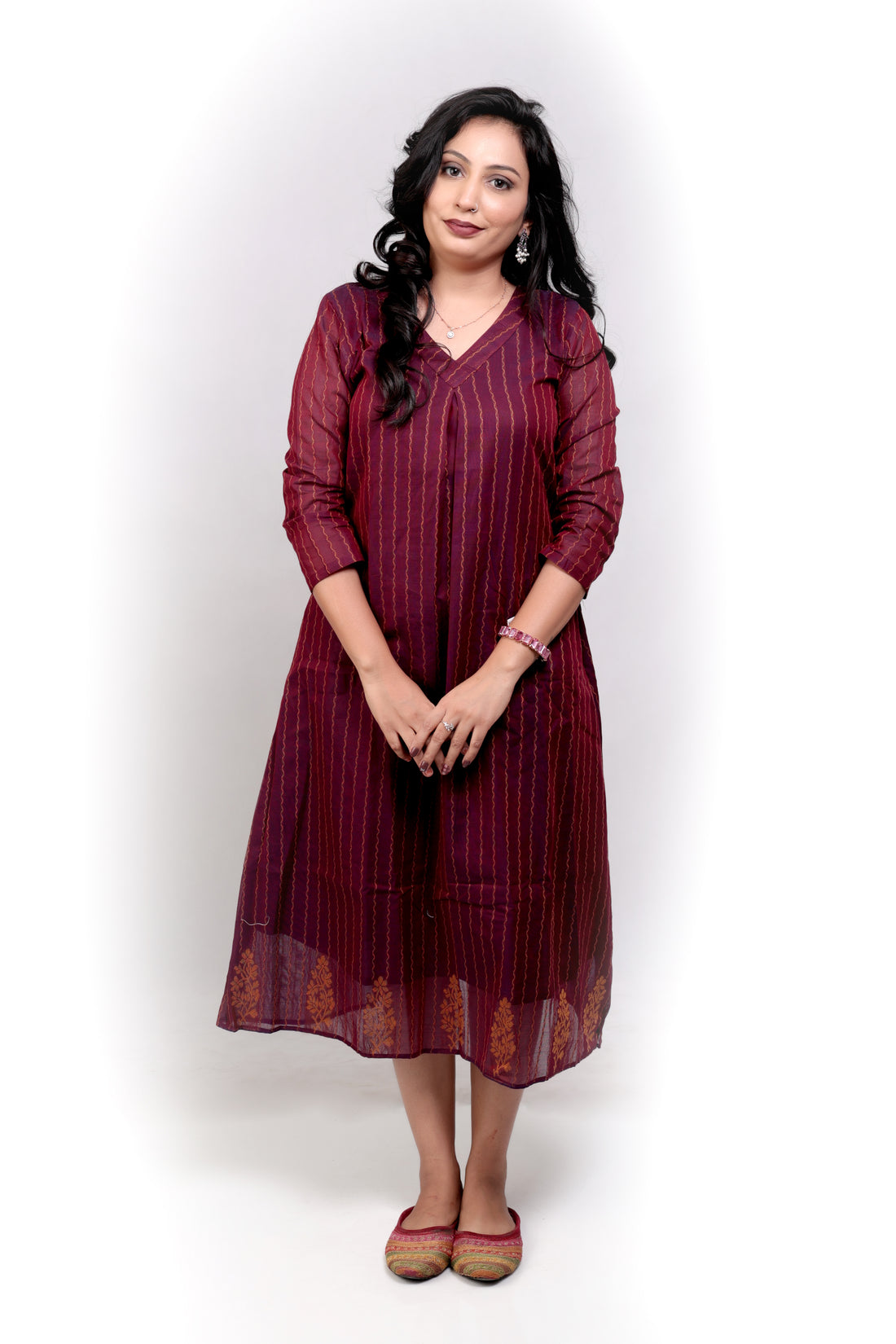 Handloom Striped Cotton A-line Midi Dress - Maroon