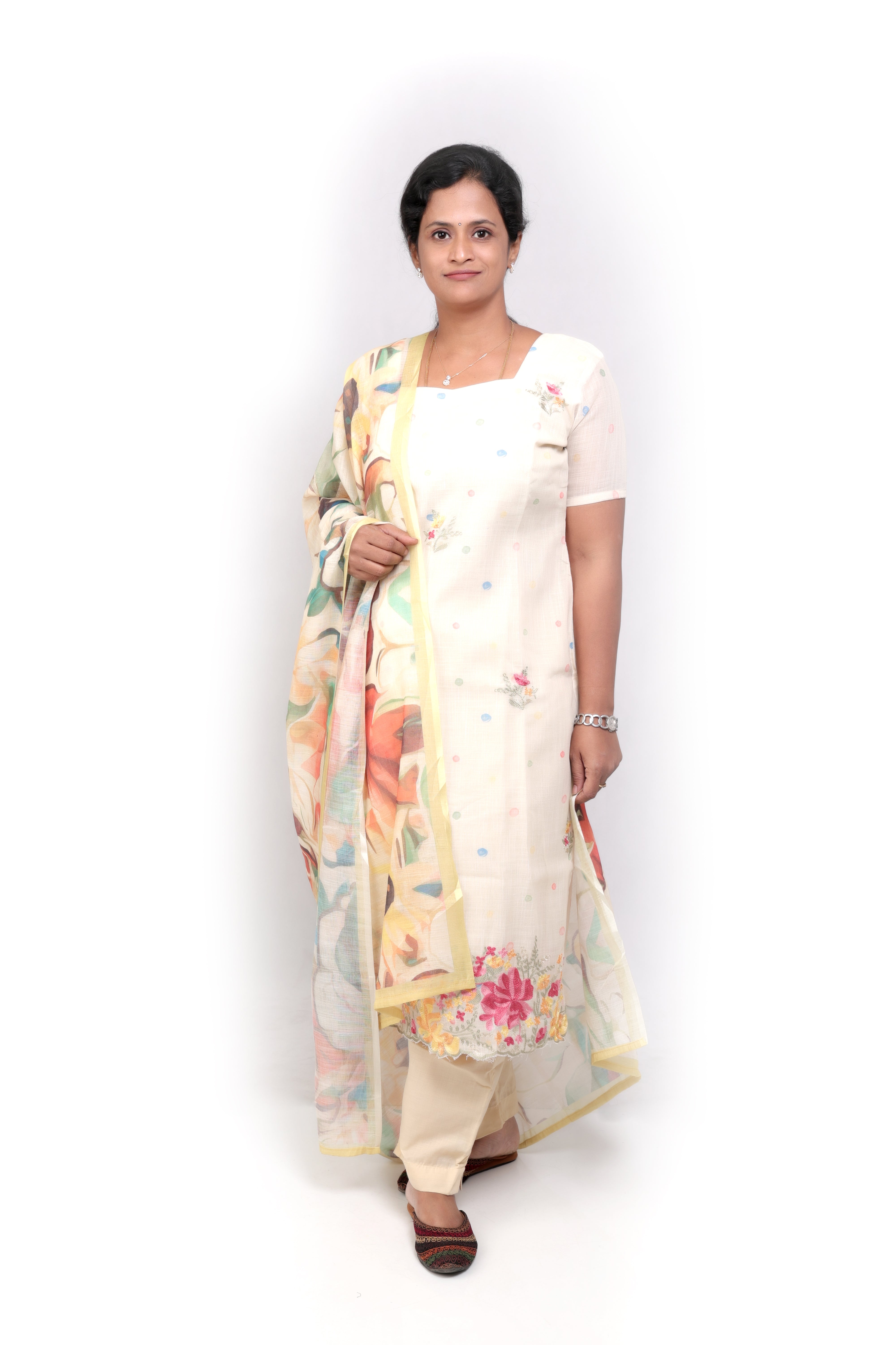 Linen Cotton Embroidered Salwar Set - Ivory
