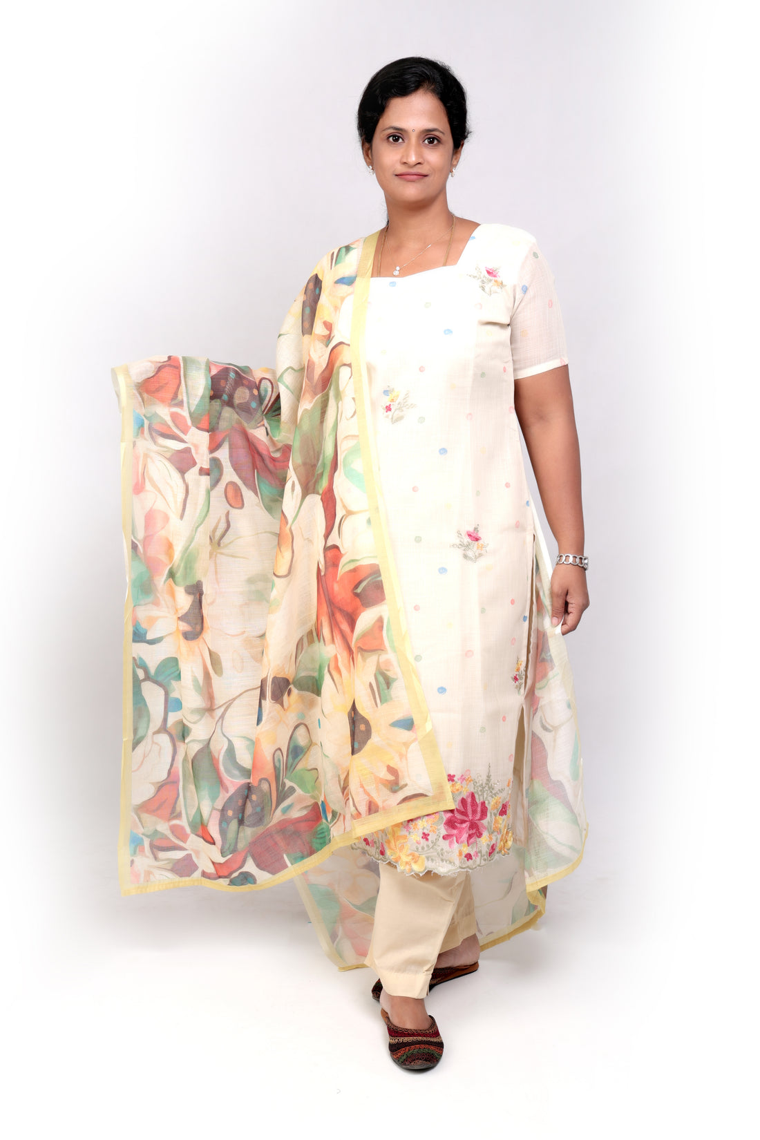 Linen Cotton Embroidered Salwar Set - Ivory