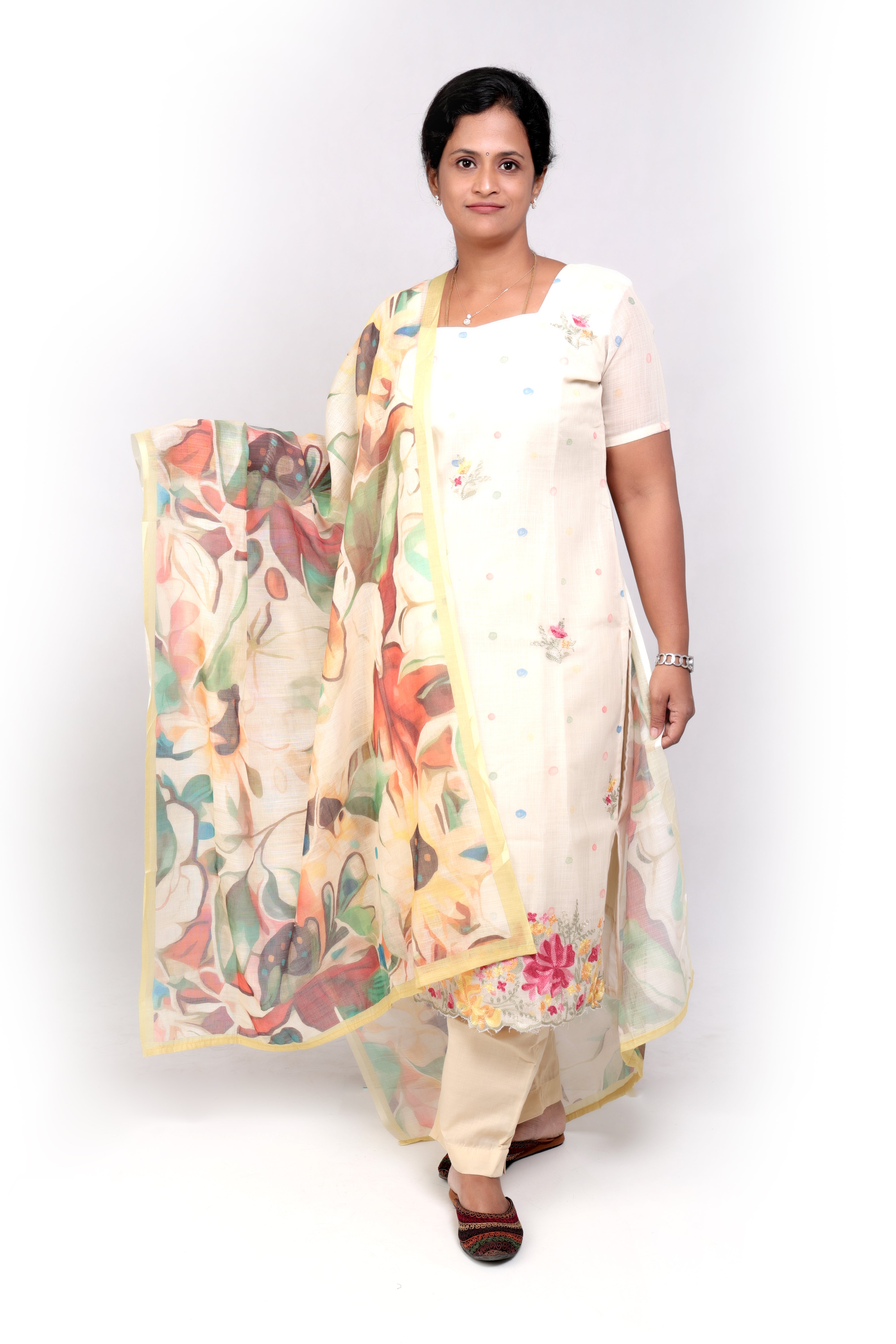 Linen Cotton Embroidered Salwar Set - Ivory