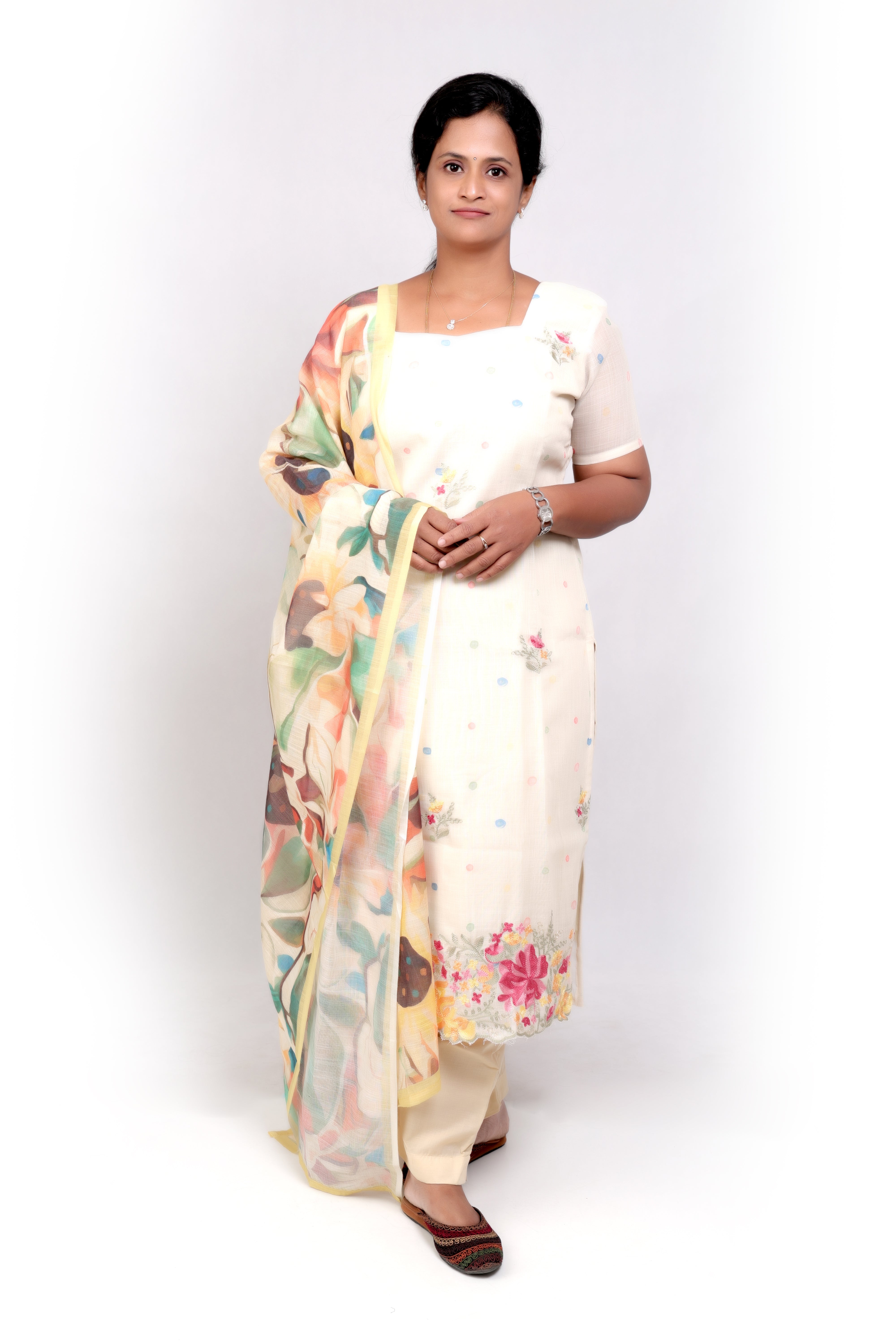 Linen Cotton Embroidered Salwar Set - Ivory