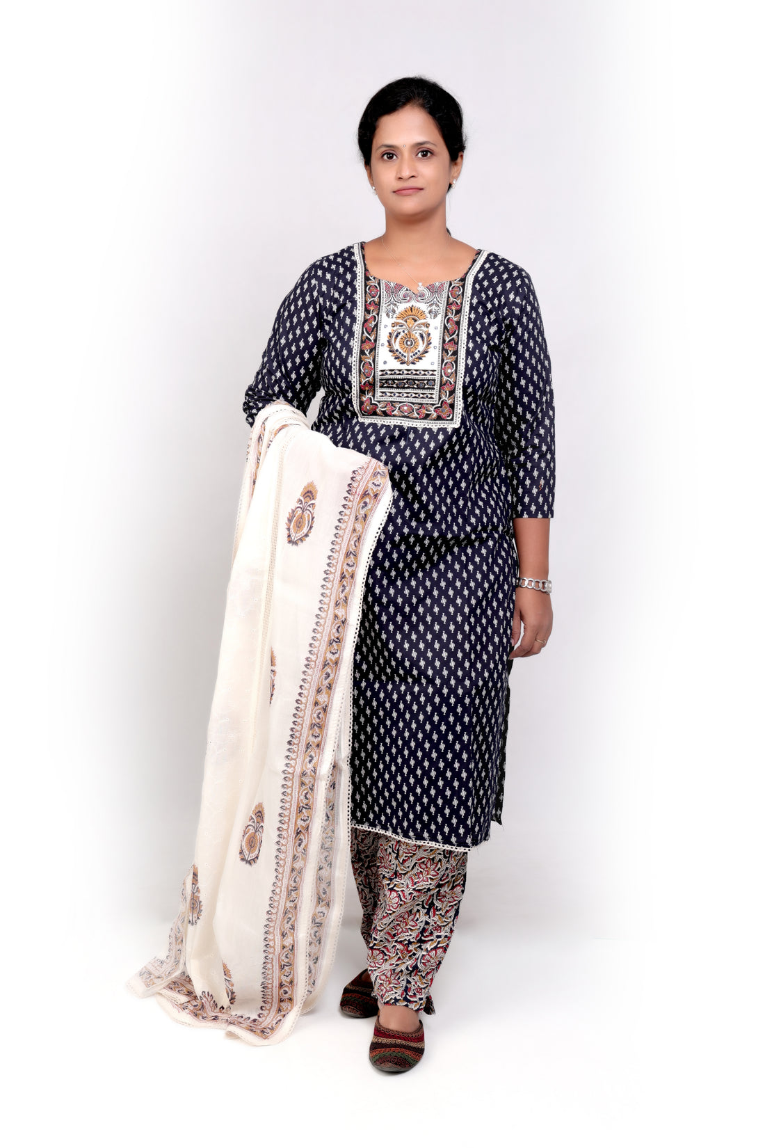 Printed Cotton Chikankari Dupatta Salwar set - Dark Blue