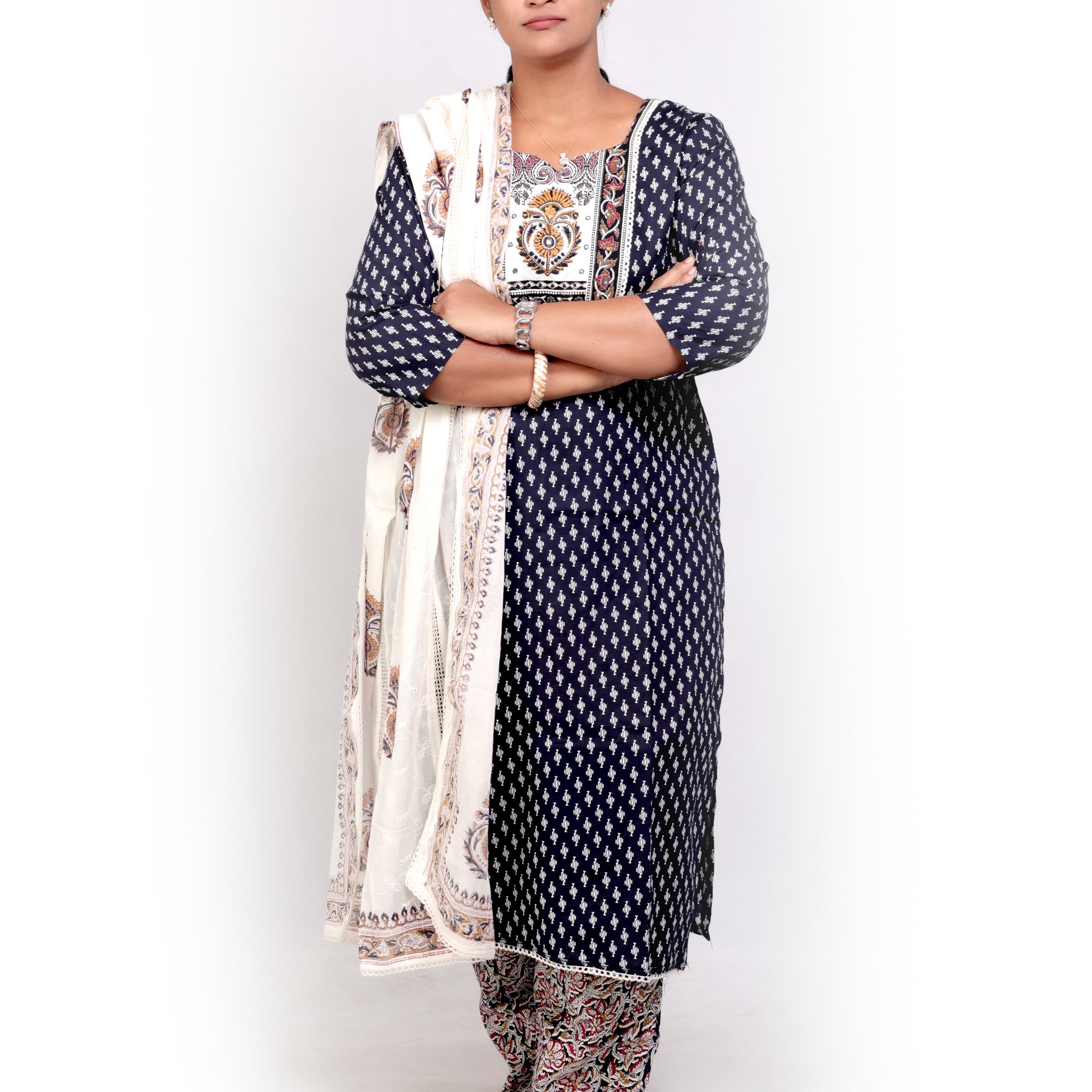 Printed Cotton Chikankari Dupatta Salwar set - Dark Blue