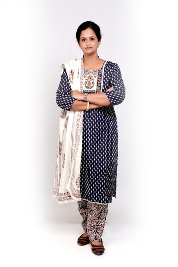 Printed Cotton Chikankari Dupatta Salwar set - Dark Blue