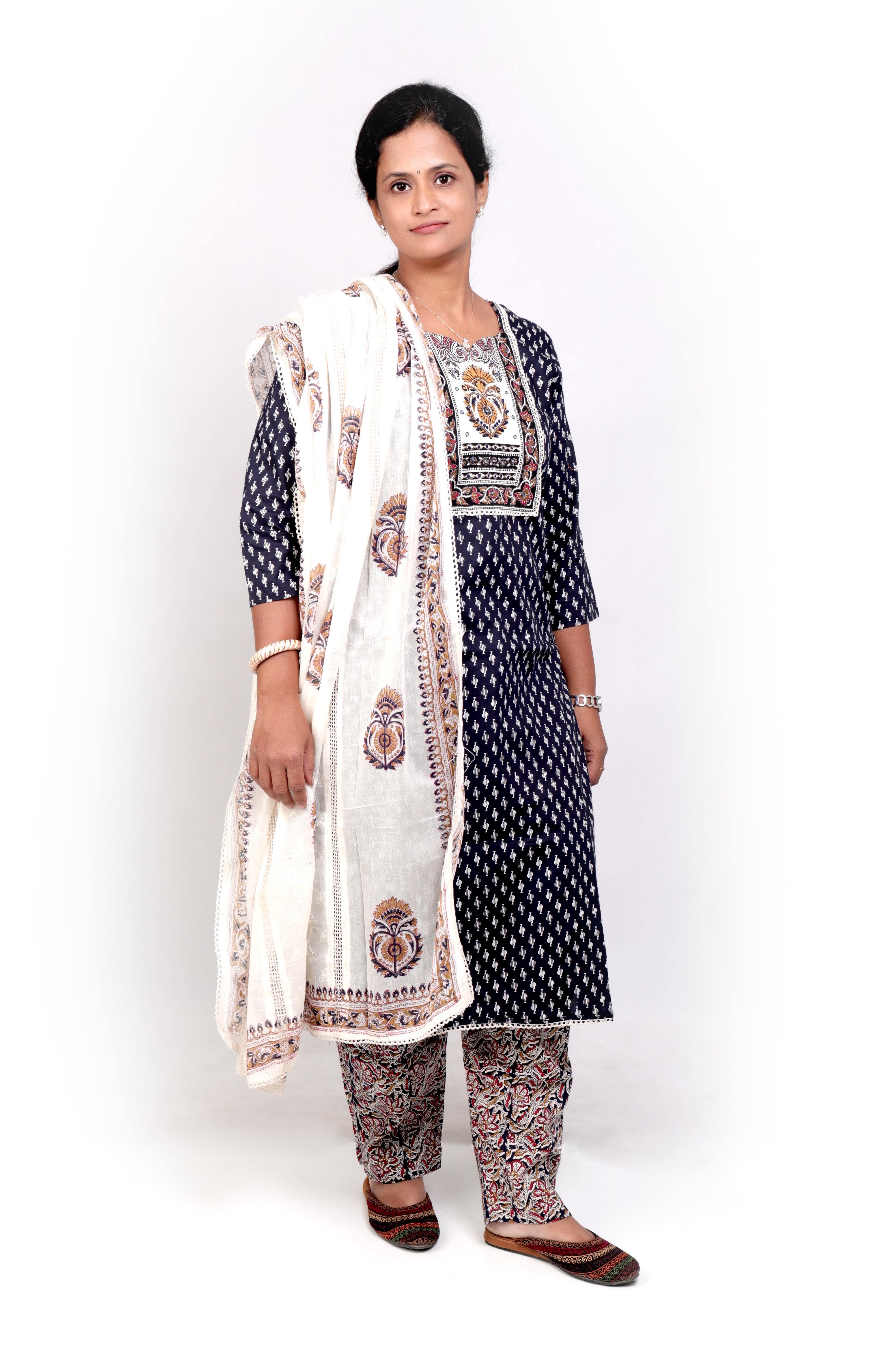 Printed Cotton Chikankari Dupatta Salwar set - Dark Blue