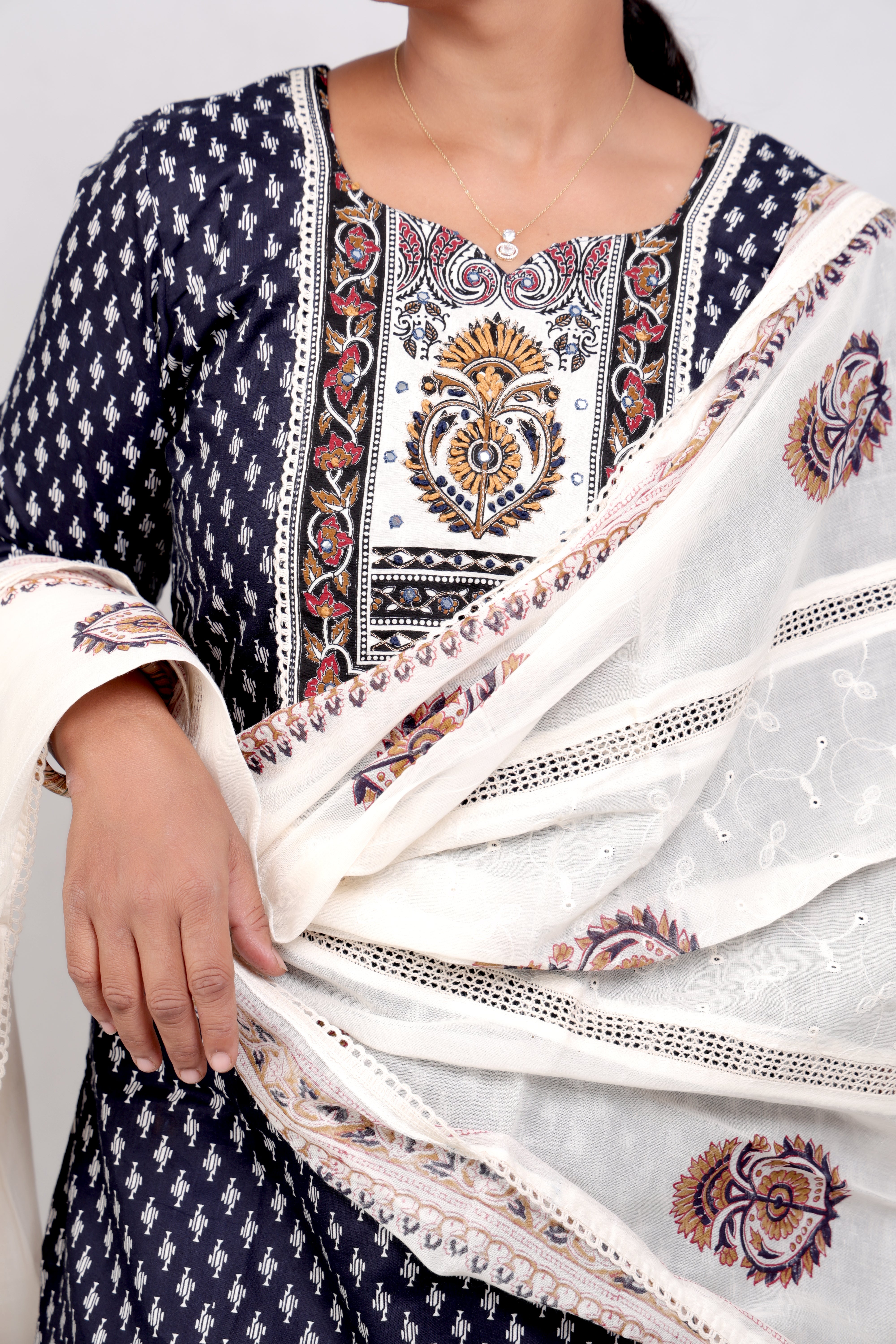 Printed Cotton Chikankari Dupatta Salwar set - Dark Blue