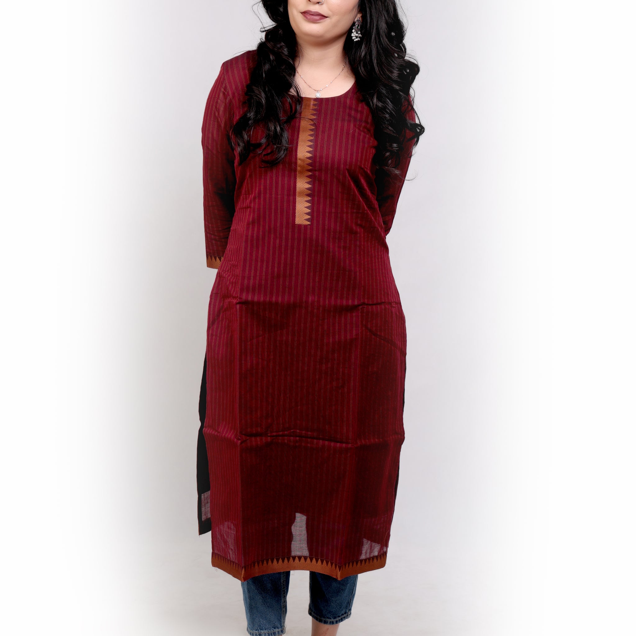 Handloom Striped Cotton Kurti - Maroon