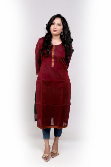 Handloom Striped Cotton Kurti - Maroon