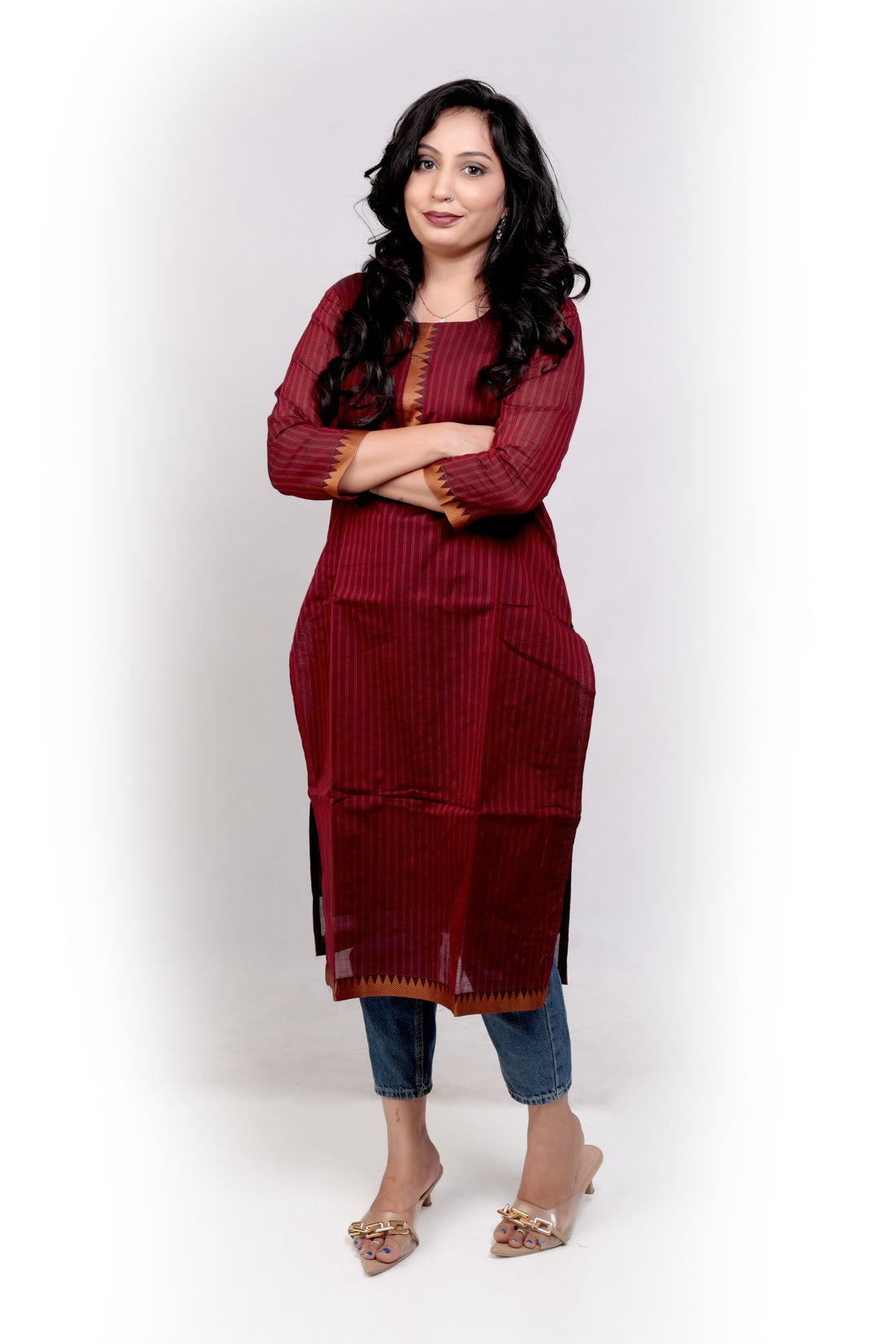 Handloom Striped Cotton Kurti - Maroon