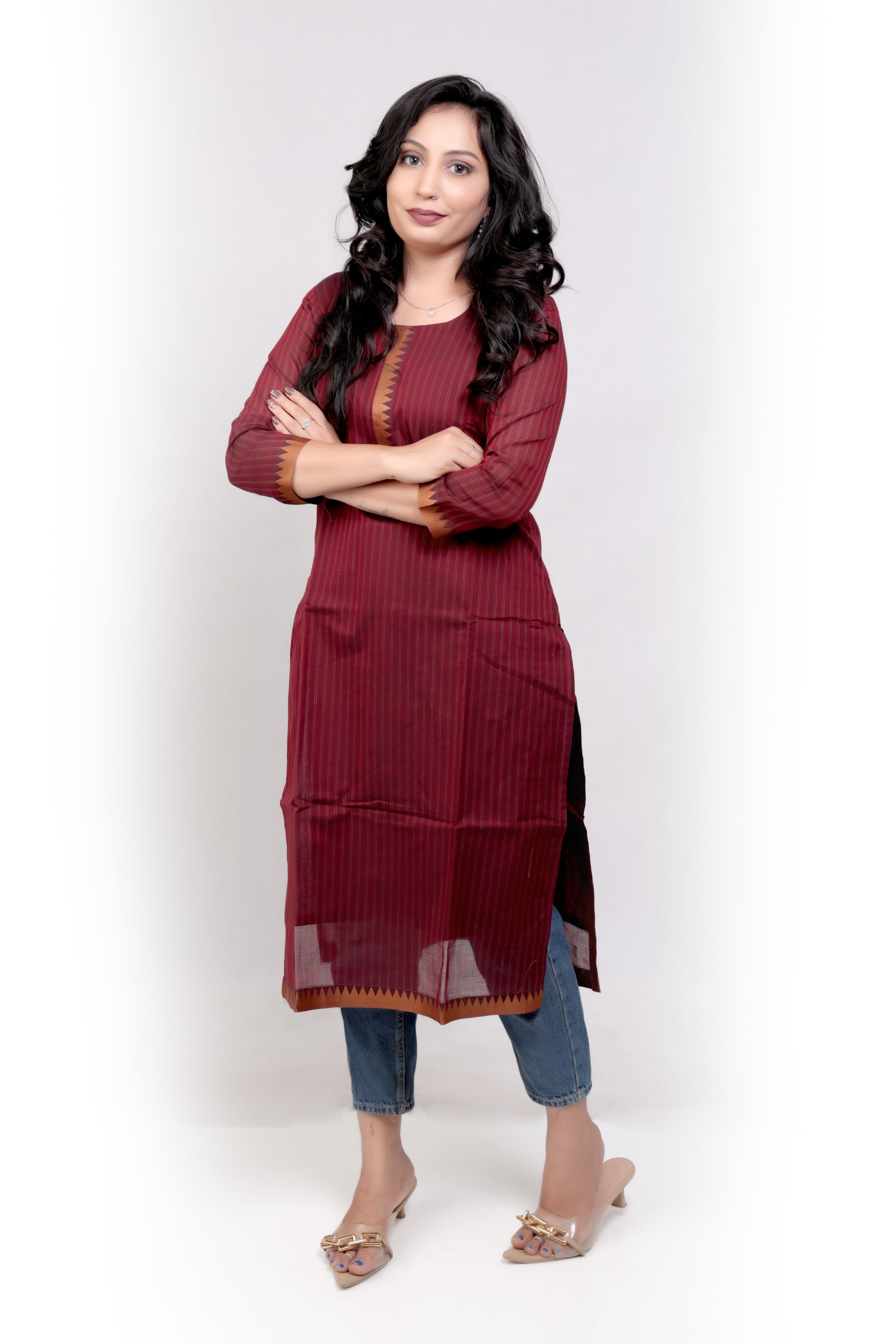 Handloom Striped Cotton Kurti - Maroon