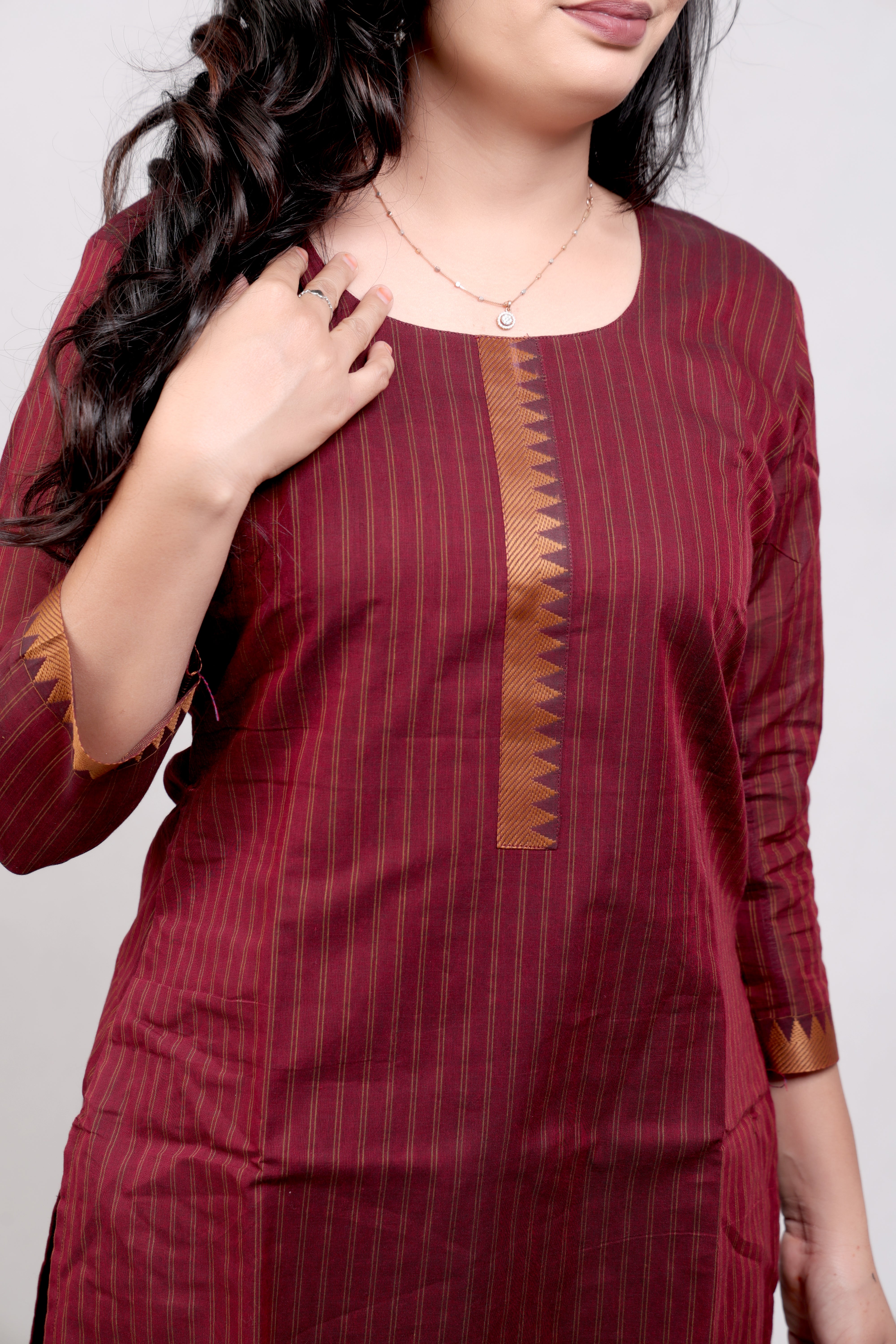 Handloom Striped Cotton Kurti - Maroon