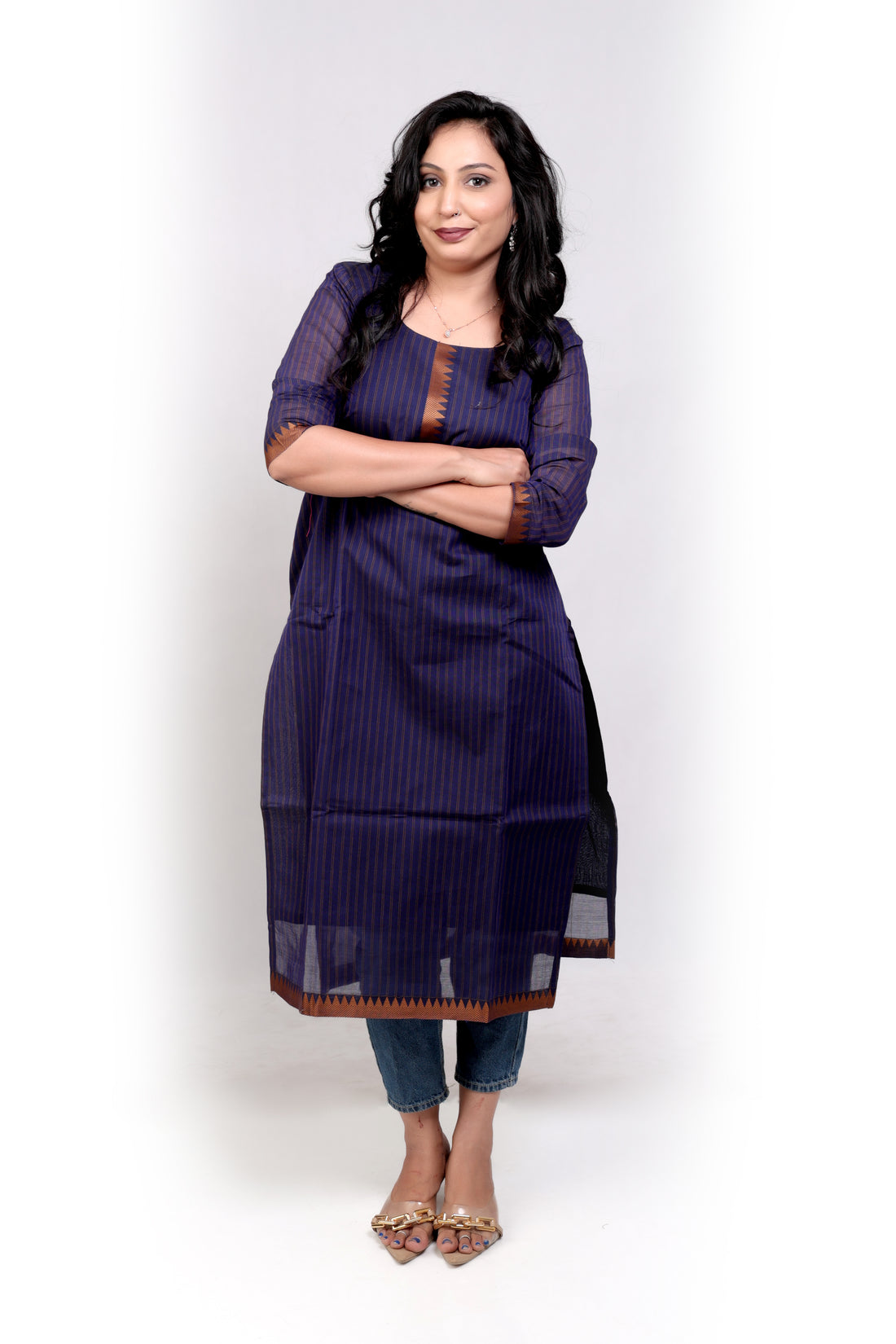 Handloom Striped Cotton Kurti - Navy Blue