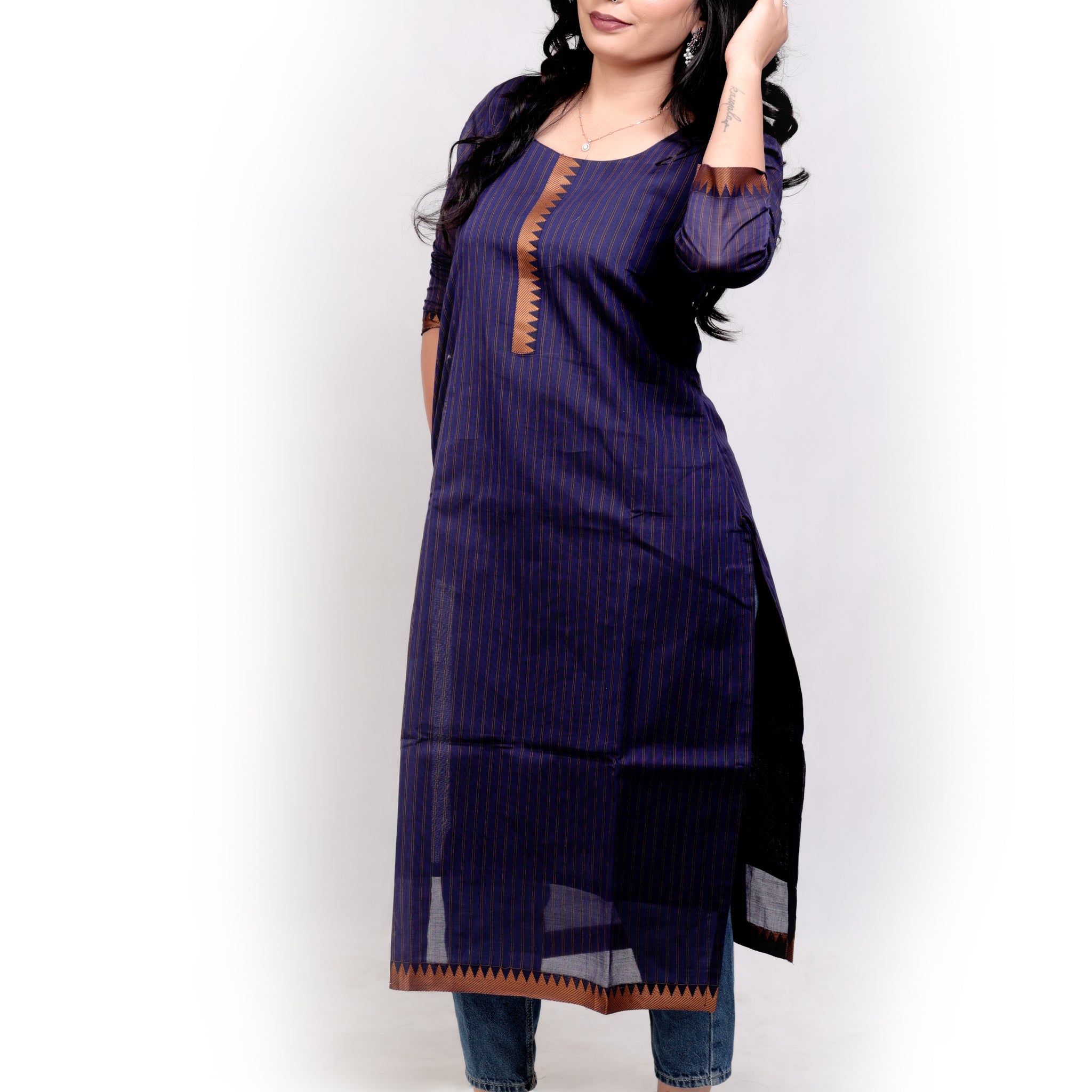 Handloom Striped Cotton Kurti - Navy Blue