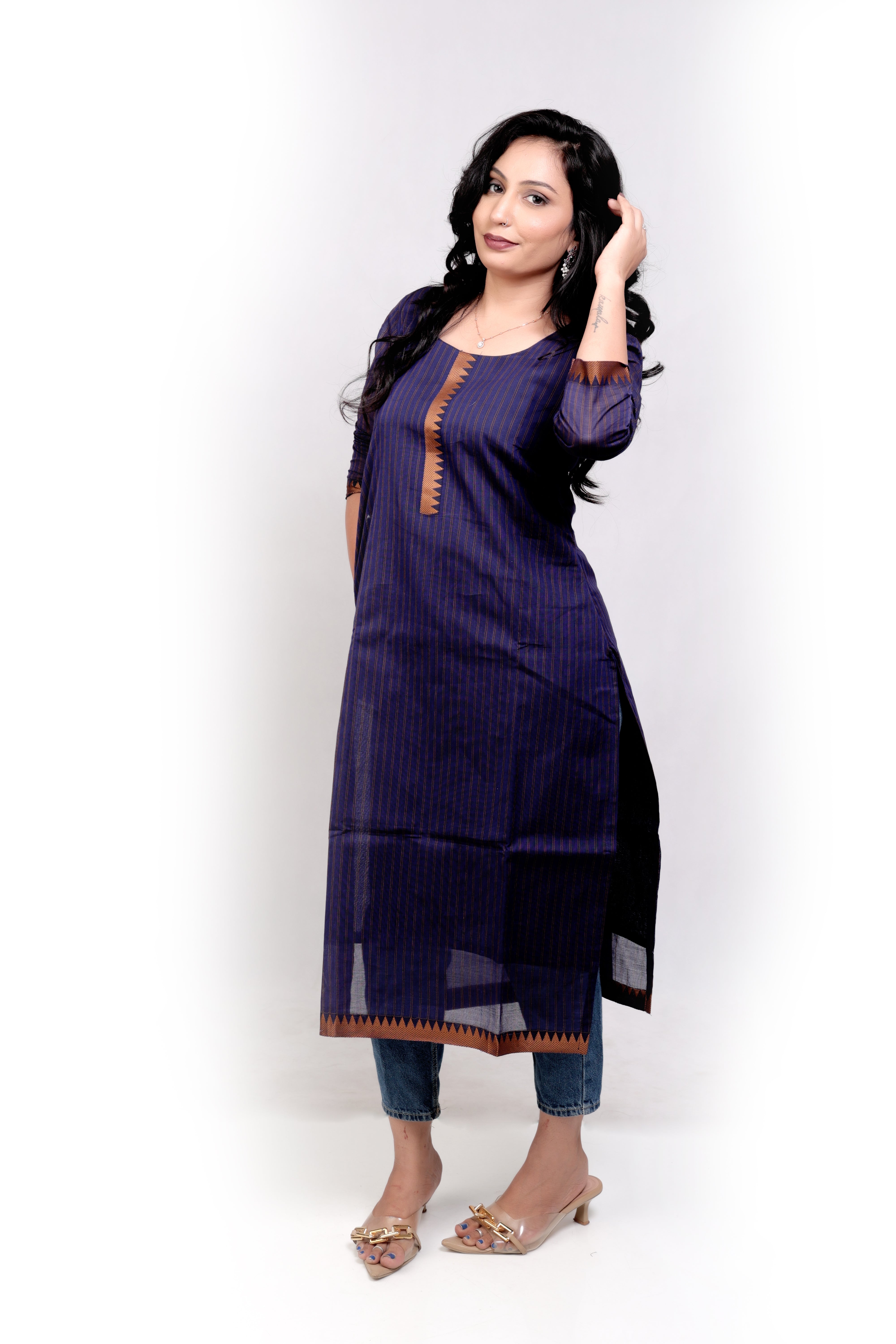 Handloom Striped Cotton Kurti - Navy Blue