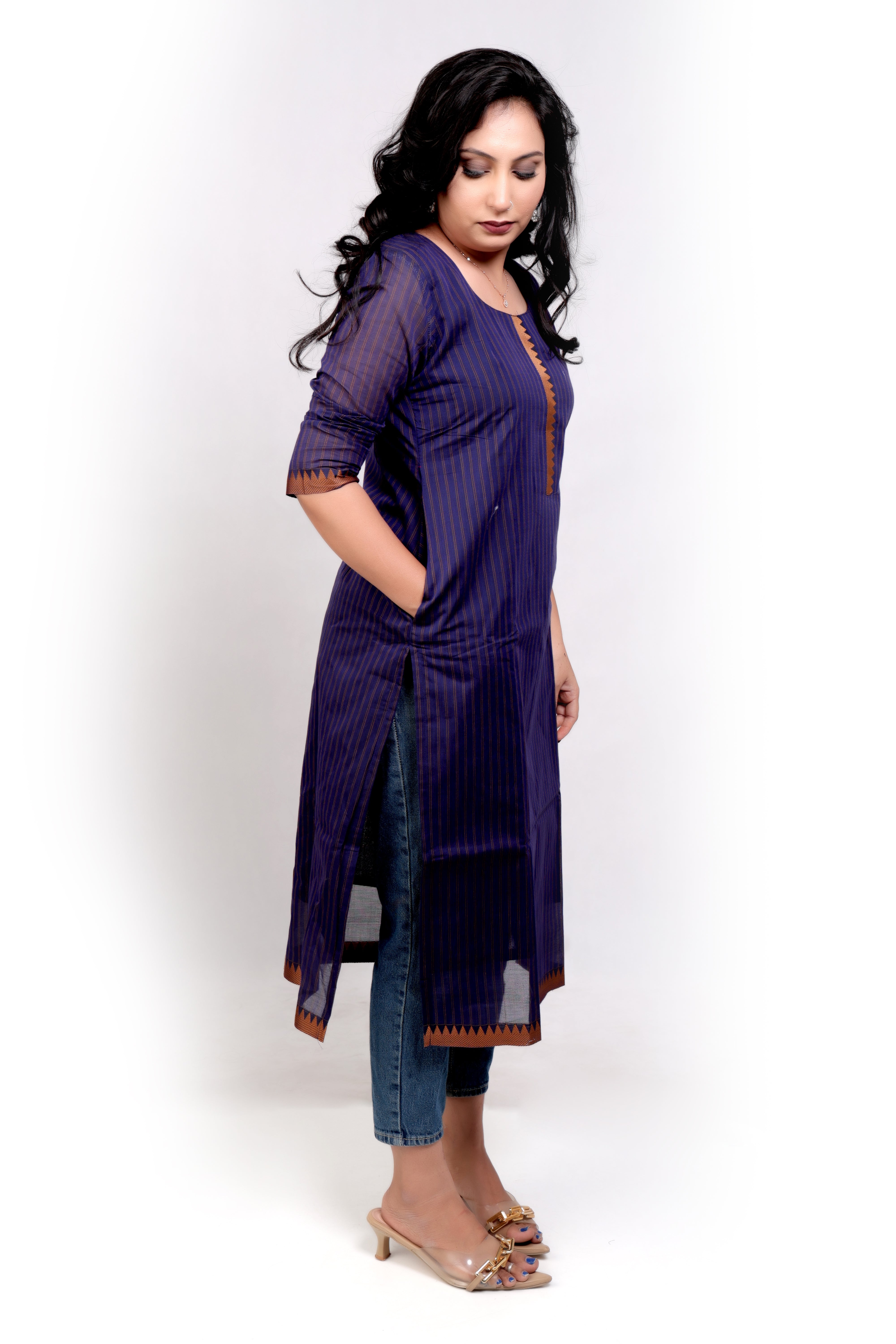 Handloom Striped Cotton Kurti - Navy Blue