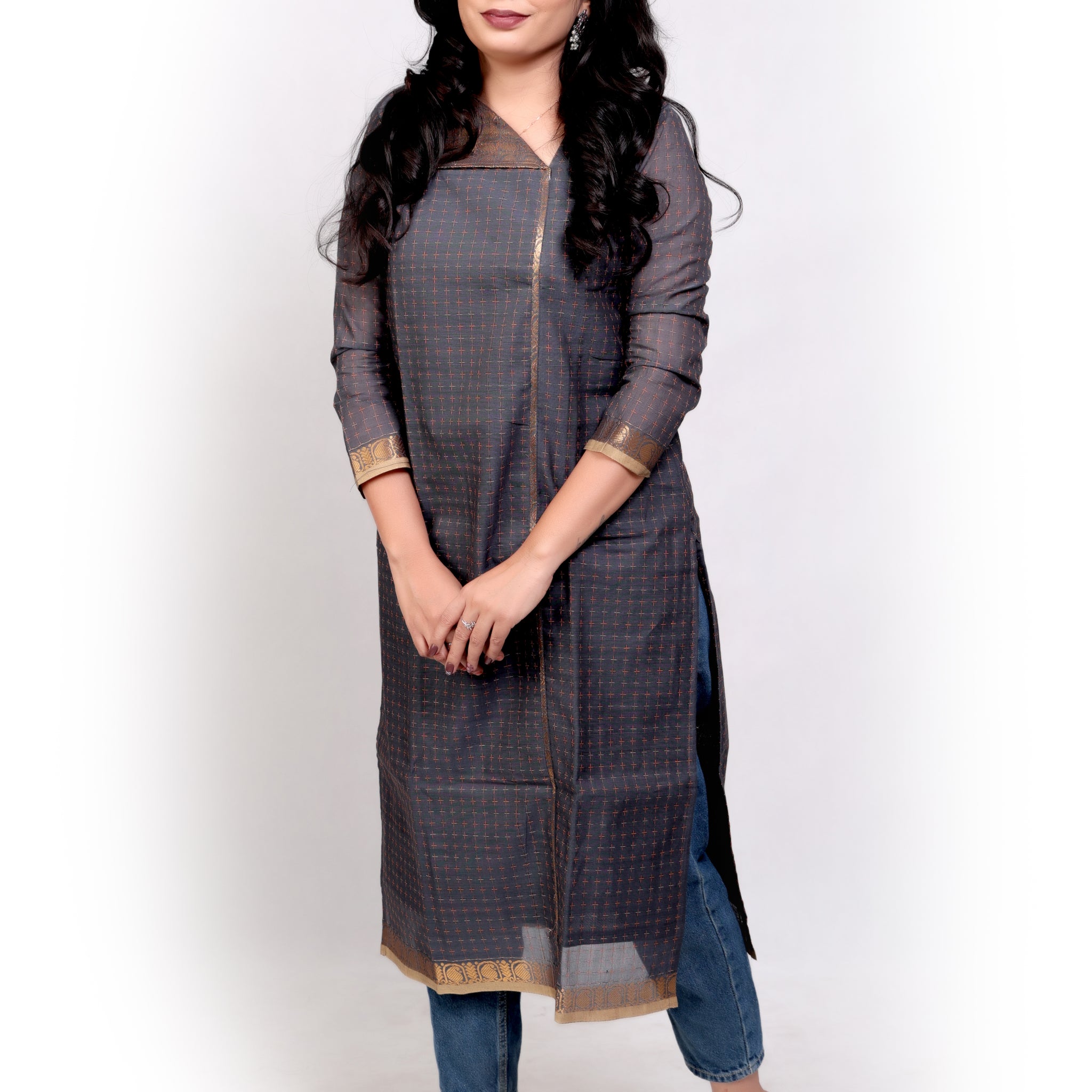 Handloom Cotton Kurti with Zari Detailing - Grey
