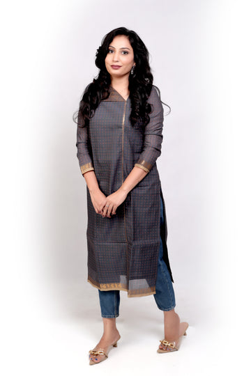 Handloom Cotton Kurti with Zari Detailing - Grey
