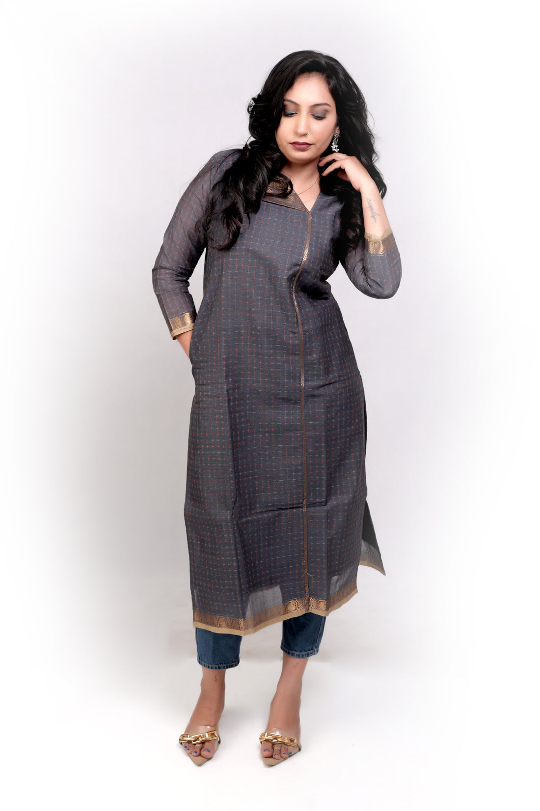Handloom Cotton Kurti with Zari Detailing - Grey