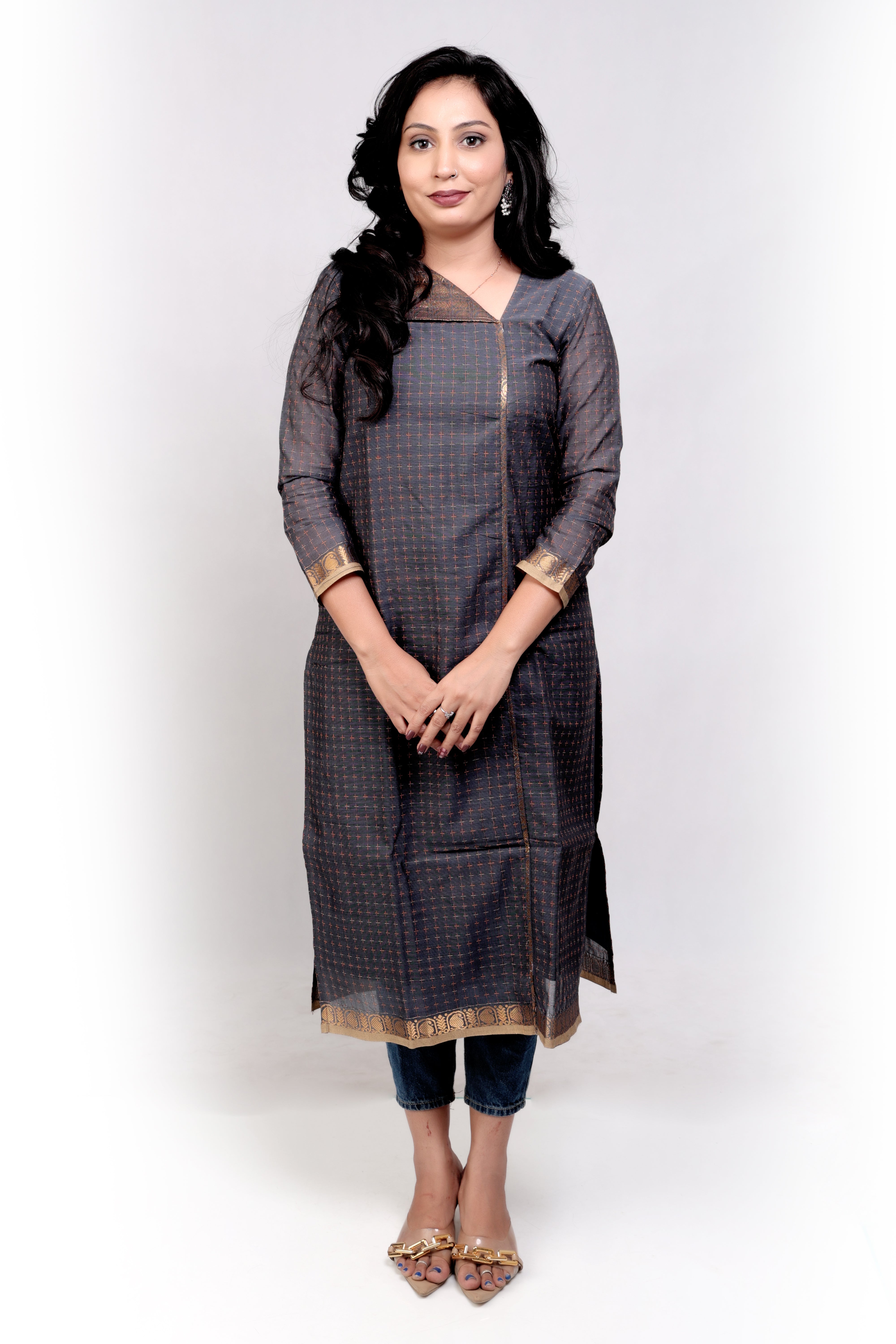 Handloom Cotton Kurti with Zari Detailing - Grey