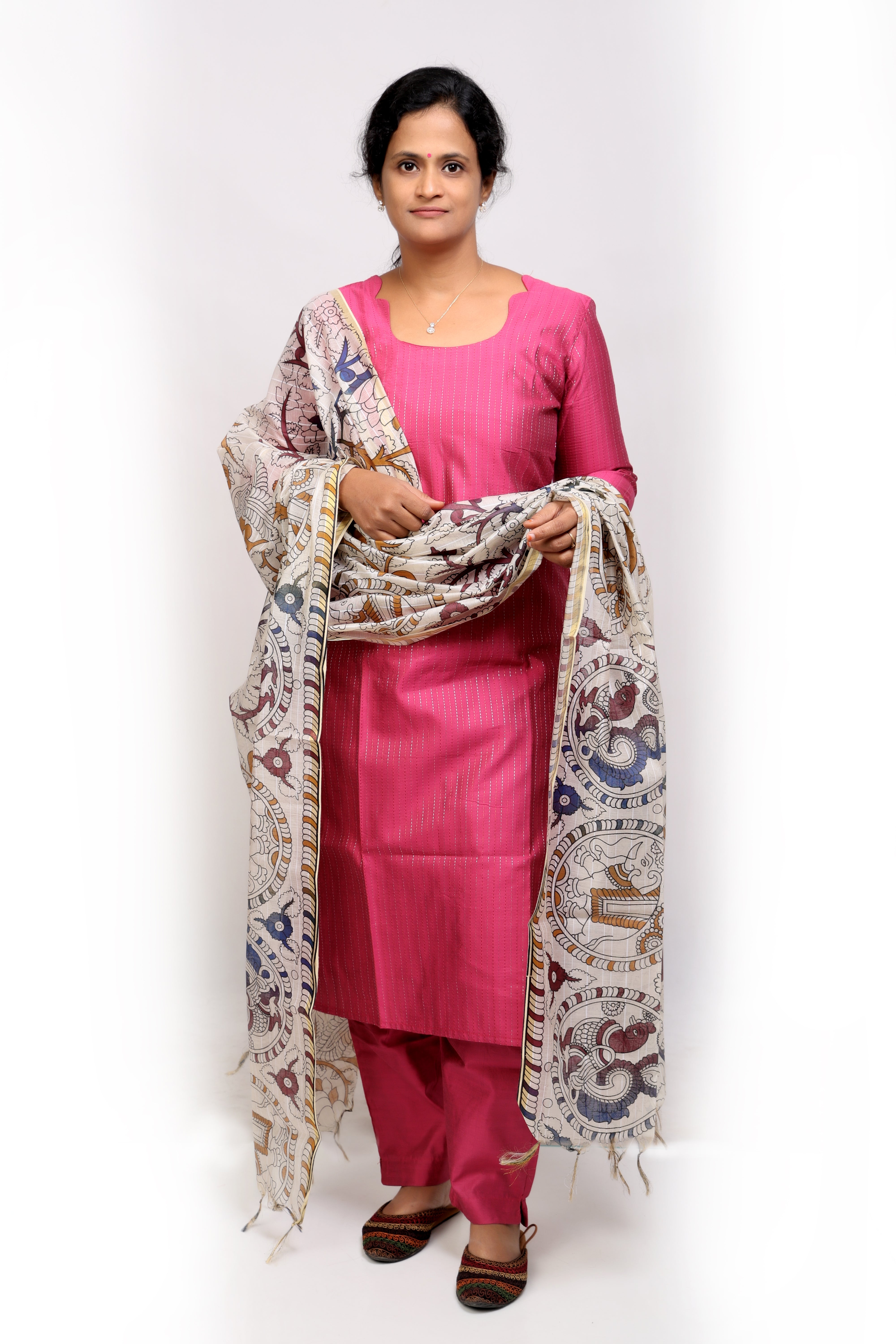 Pink Slub Silk Salwar Set with Kalamkari Dupatta