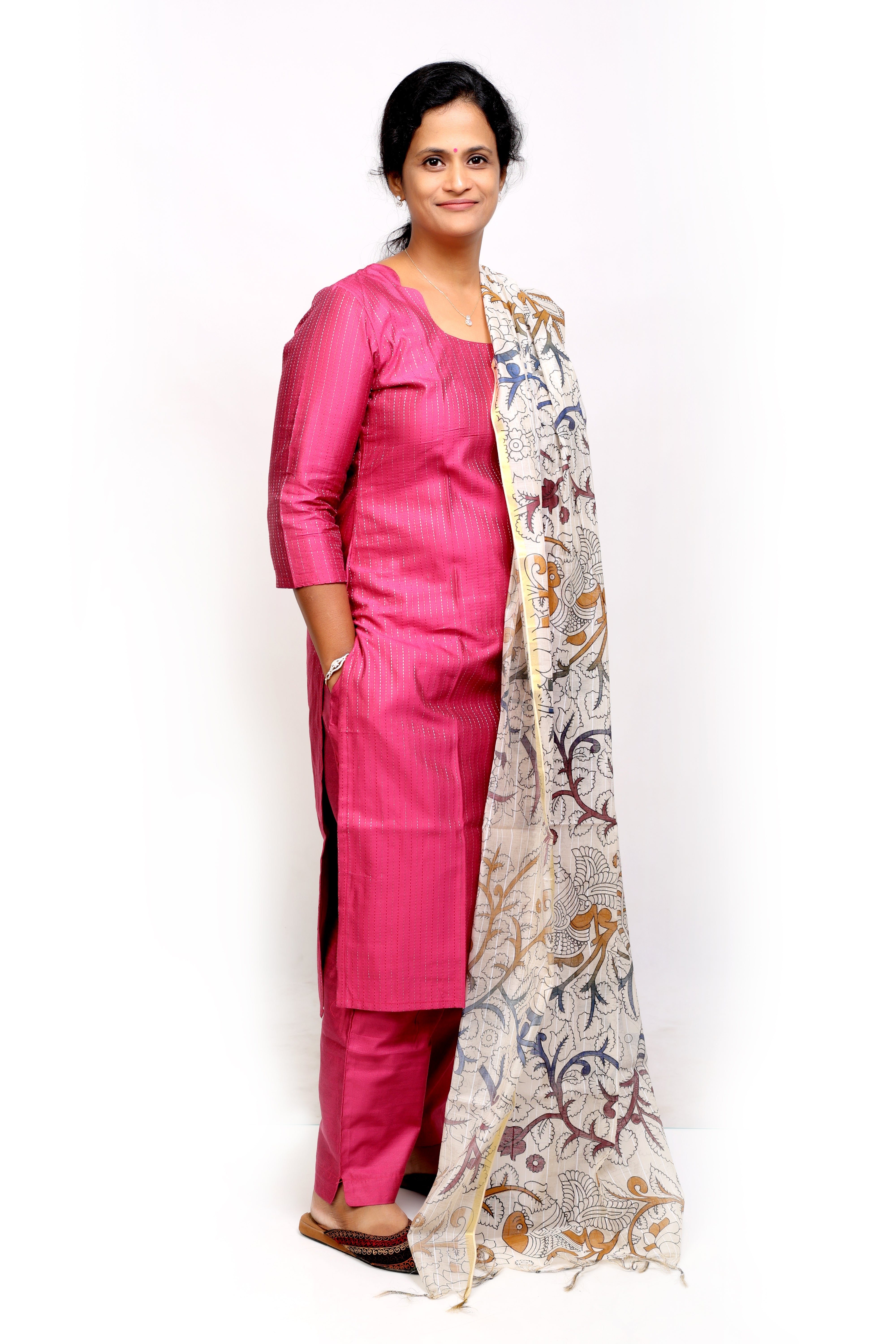 Pink Slub Silk Salwar Set with Kalamkari Dupatta